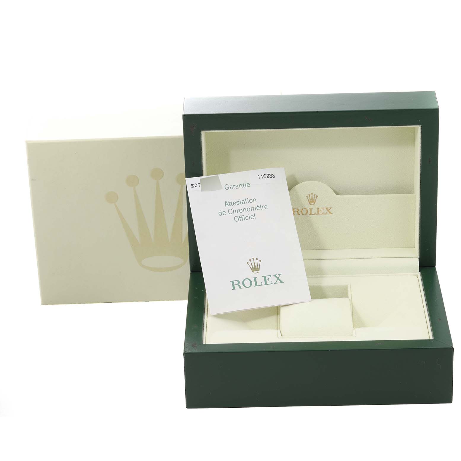 The image shows an open Rolex Datejust 116233 Men's Steel and Gold (two tone) Black Dial 116233 Men's Steel and Gold (two tone) Black Dial watch box with warranty and certification papers displayed.