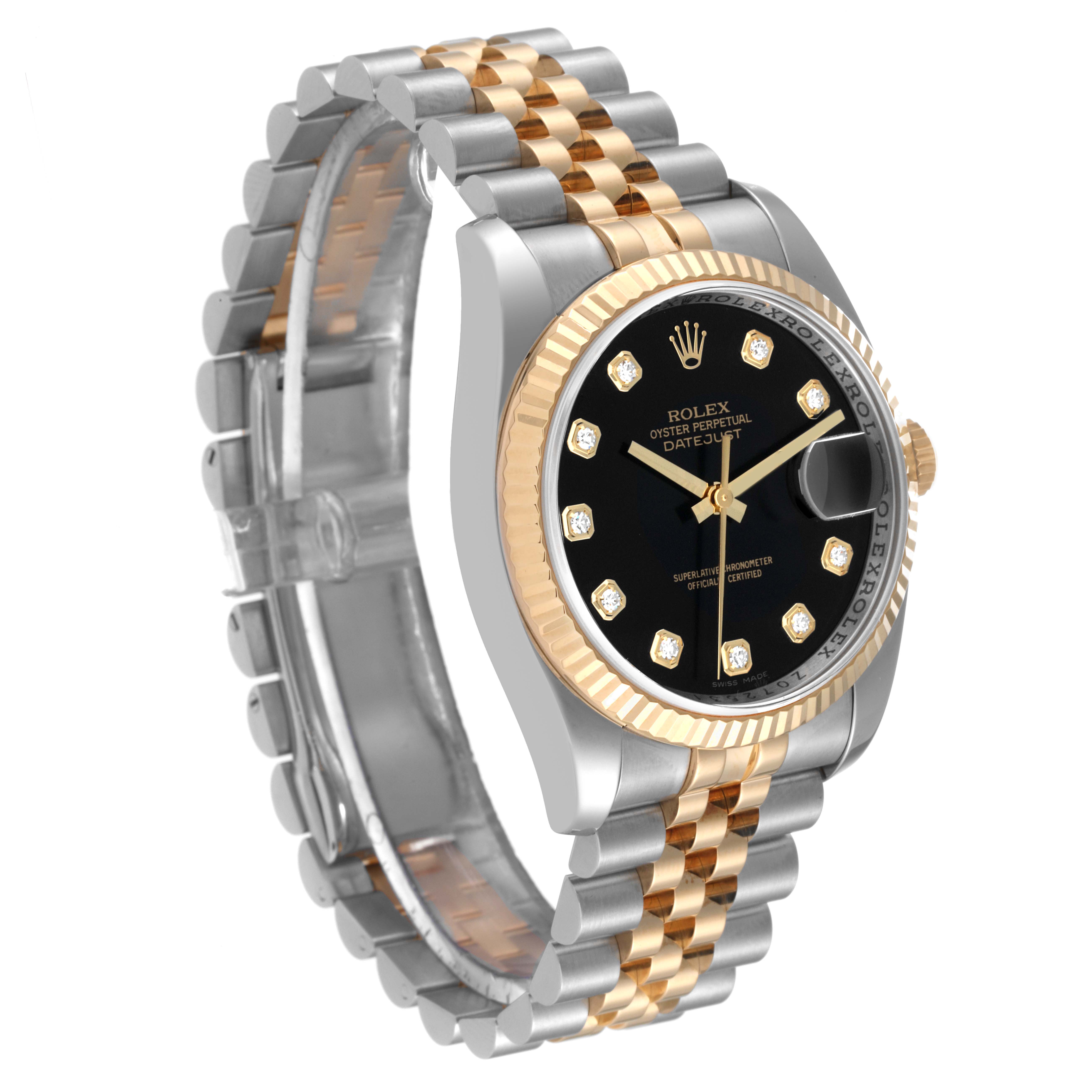 The Rolex Datejust 116233 Men's Steel and Gold (two tone) Black Dial 116233 Men's Steel and Gold (two tone) Black Dial watch is shown at a side angle, highlighting its black dial, gold fluted bezel, and two-tone jubilee bracelet.
