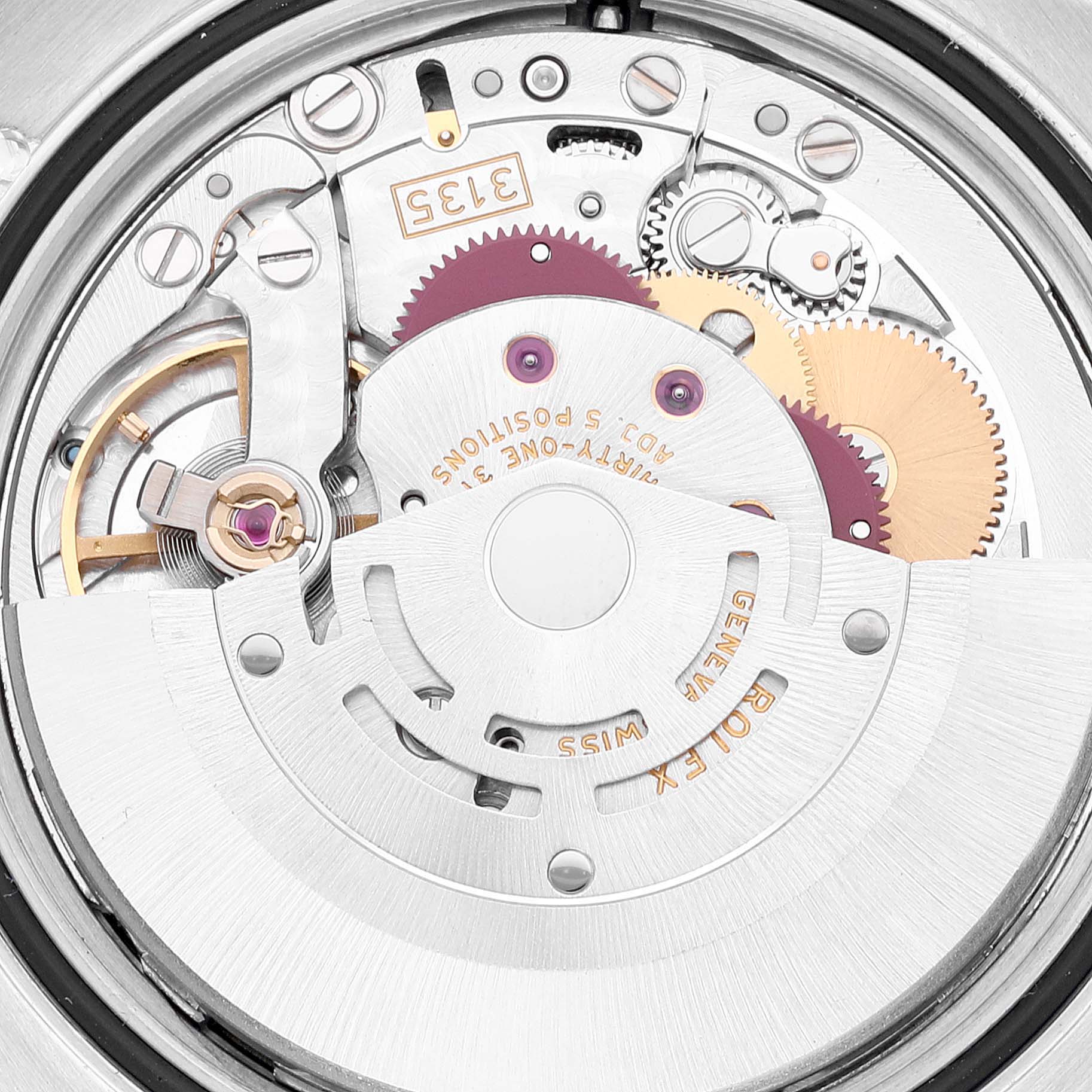 This image shows the internal movement mechanism of a Rolex Datejust 116233 Men's Steel and Gold (two tone) Black Dial 116233 Men's Steel and Gold (two tone) Black Dial watch from a close-up rear angle.