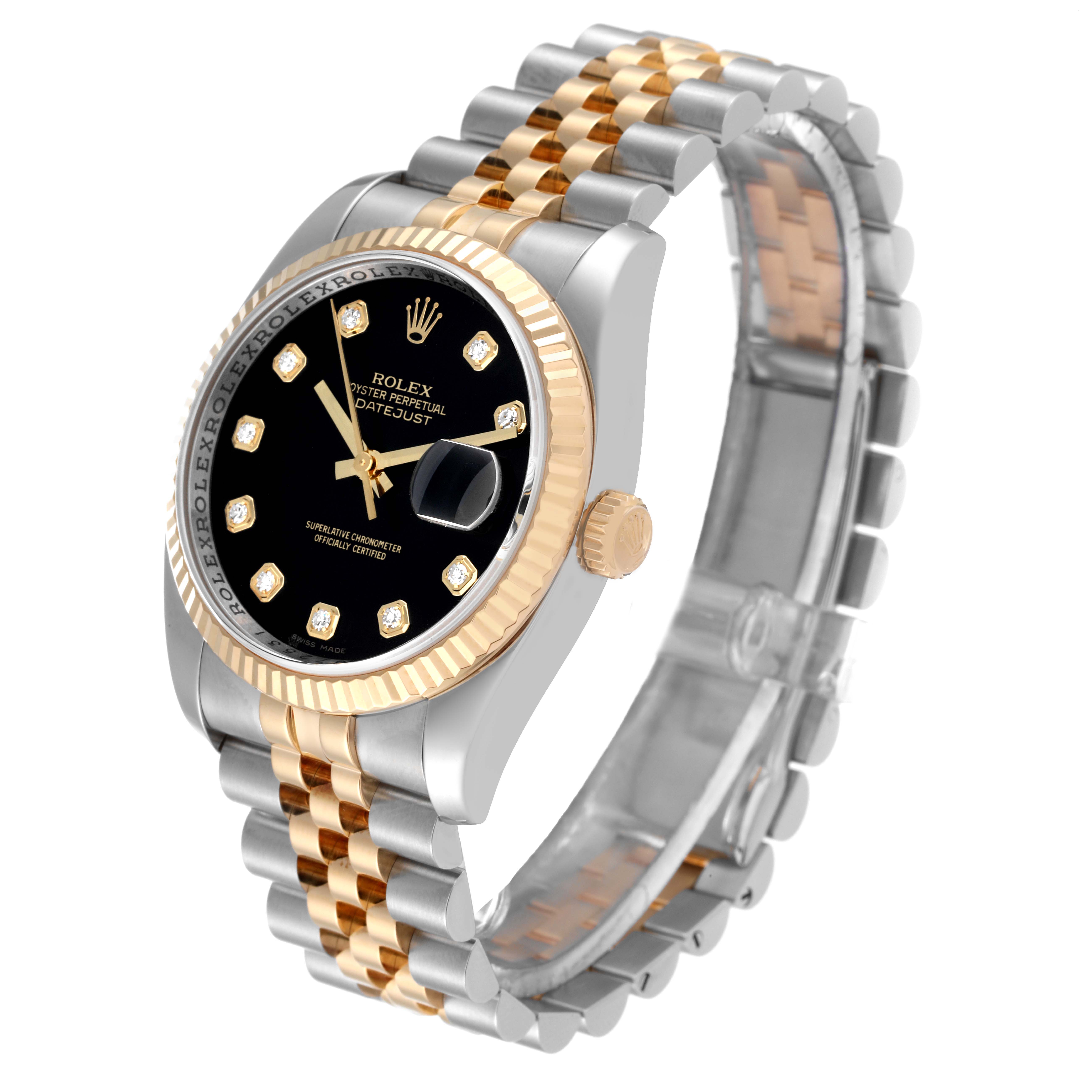 This image shows the front and strap of a Rolex Datejust 116233 Men's Steel and Gold (two tone) Black Dial 116233 Men's Steel and Gold (two tone) Black Dial watch with a black dial and a two-tone, gold, and silver bracelet.