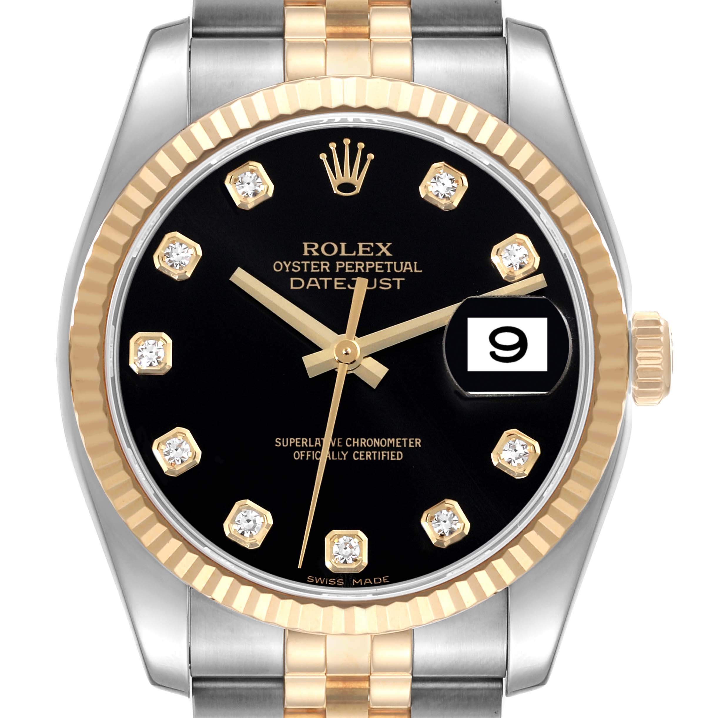 This Rolex Datejust 116233 Men's Steel and Gold (two tone) Black Dial 116233 Men's Steel and Gold (two tone) Black Dial watch is shown from the front, highlighting its black dial, gold markers, two-tone bezel, and bracelet.
