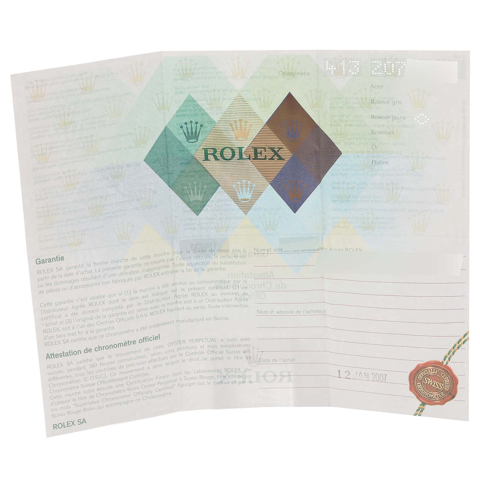 This image shows the warranty certificate for the Rolex Datejust 116233 Men's Steel and Gold (two tone) Black Dial 116233 Men's Steel and Gold (two tone) Black Dial watch.