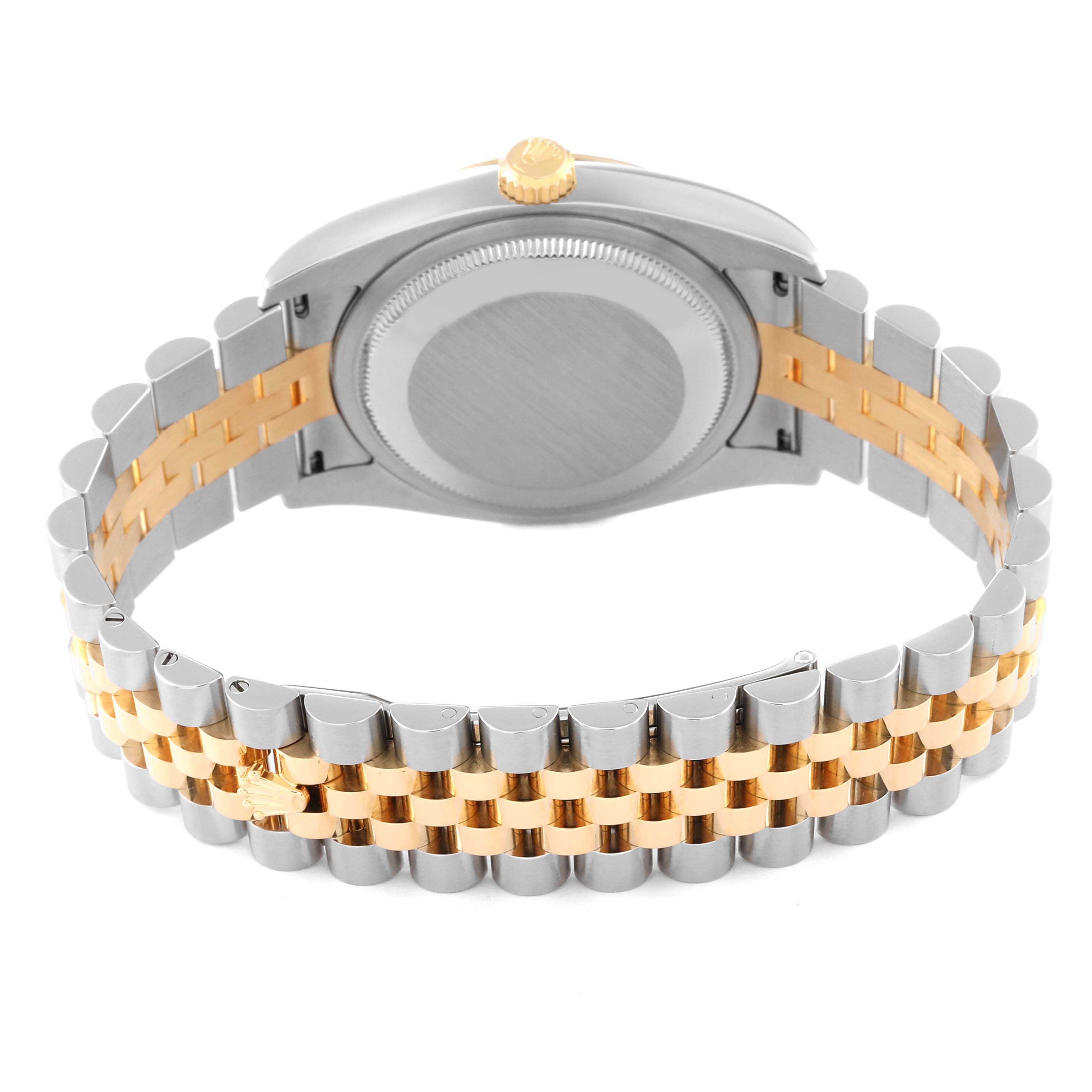 The image shows the backside, case, and bracelet of a Rolex Datejust 116233 Men's Steel and Gold (two tone) Black Dial 116233 Men's Steel and Gold (two tone) Black Dial watch in two-tone silver and gold.