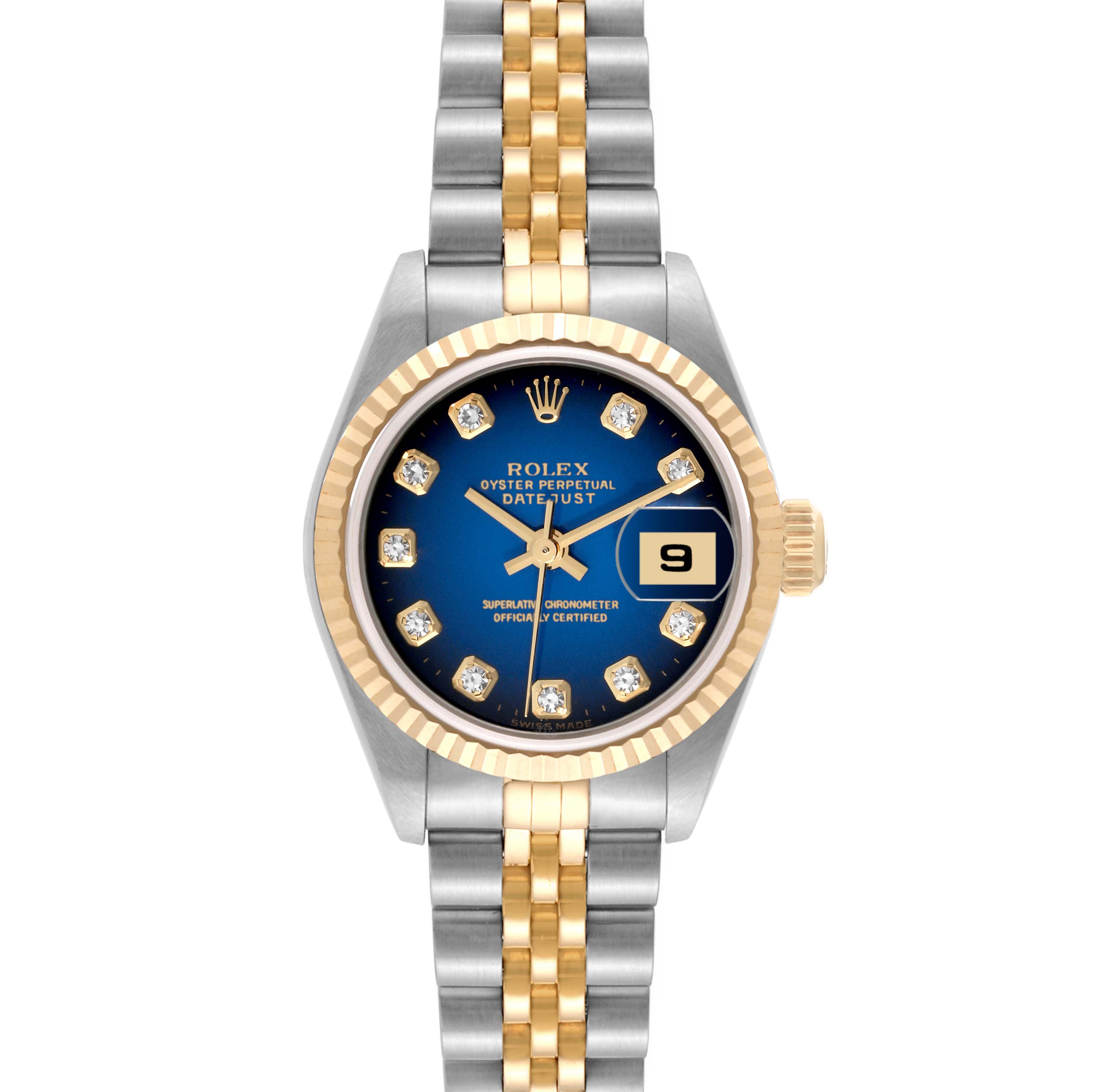The image shows a Rolex Datejust 79173 Women's Steel and Gold (two tone) Blue Dial 79173 Women's Steel and Gold (two tone) Blue Dial watch from a front angle, highlighting its blue dial, date window, and two-tone bracelet.