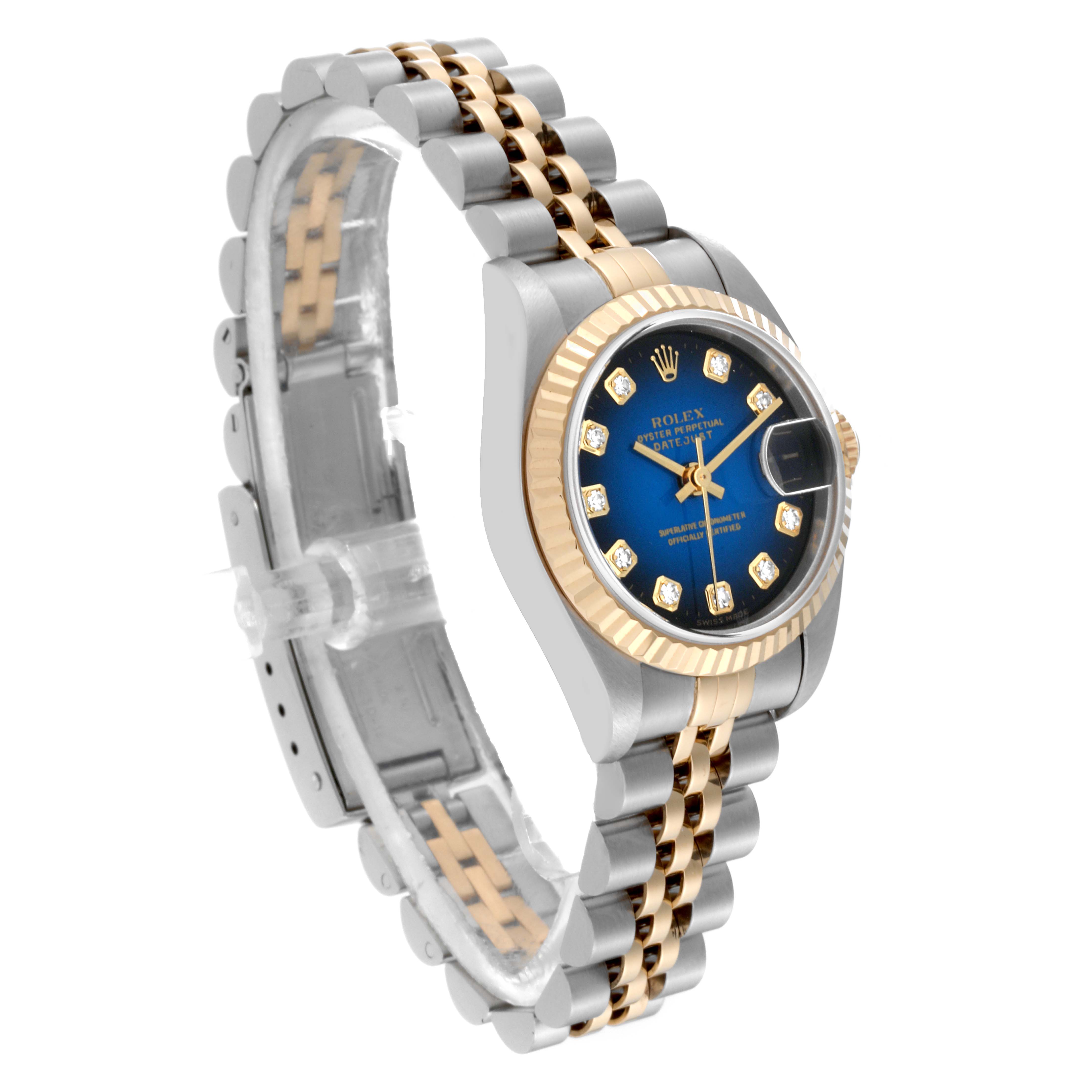 The Rolex Datejust 79173 Women's Steel and Gold (two tone) Blue Dial 79173 Women's Steel and Gold (two tone) Blue Dial watch is shown at a three-quarter angle, highlighting its blue dial, fluted bezel, and two-tone bracelet.