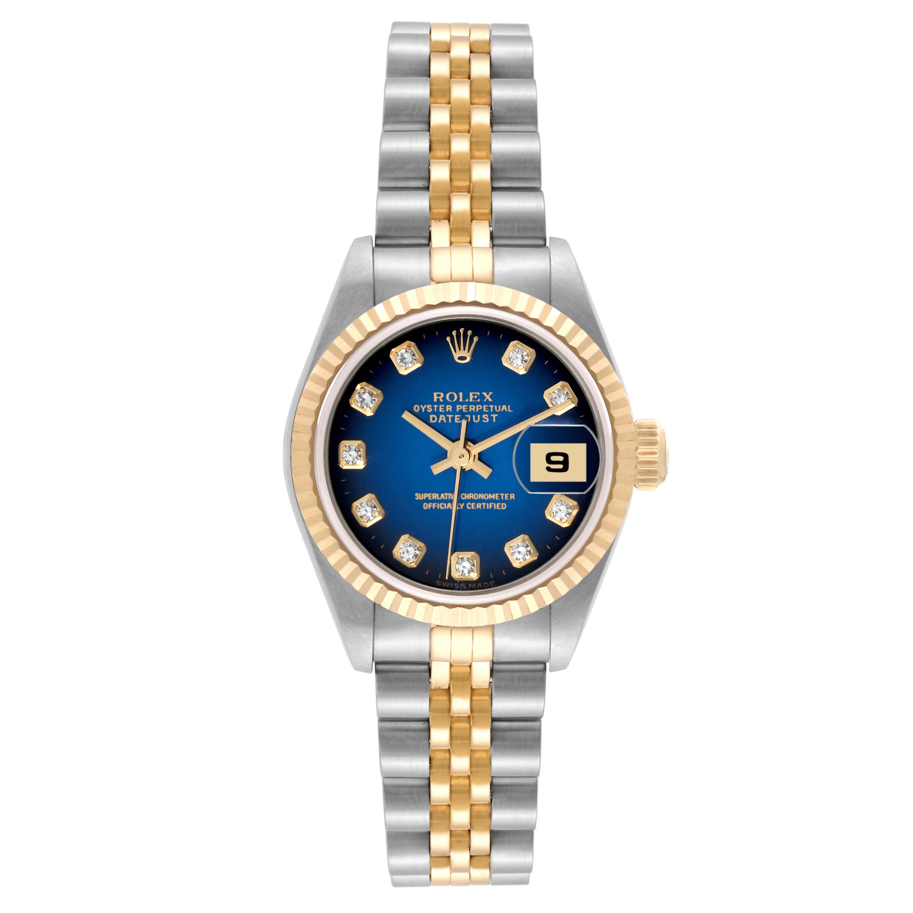 The image shows a front view of a Rolex Datejust 79173 Women's Steel and Gold (two tone) Blue Dial 79173 Women's Steel and Gold (two tone) Blue Dial watch with a blue dial, gold fluted bezel, diamond hour markers, and a two-tone bracelet.