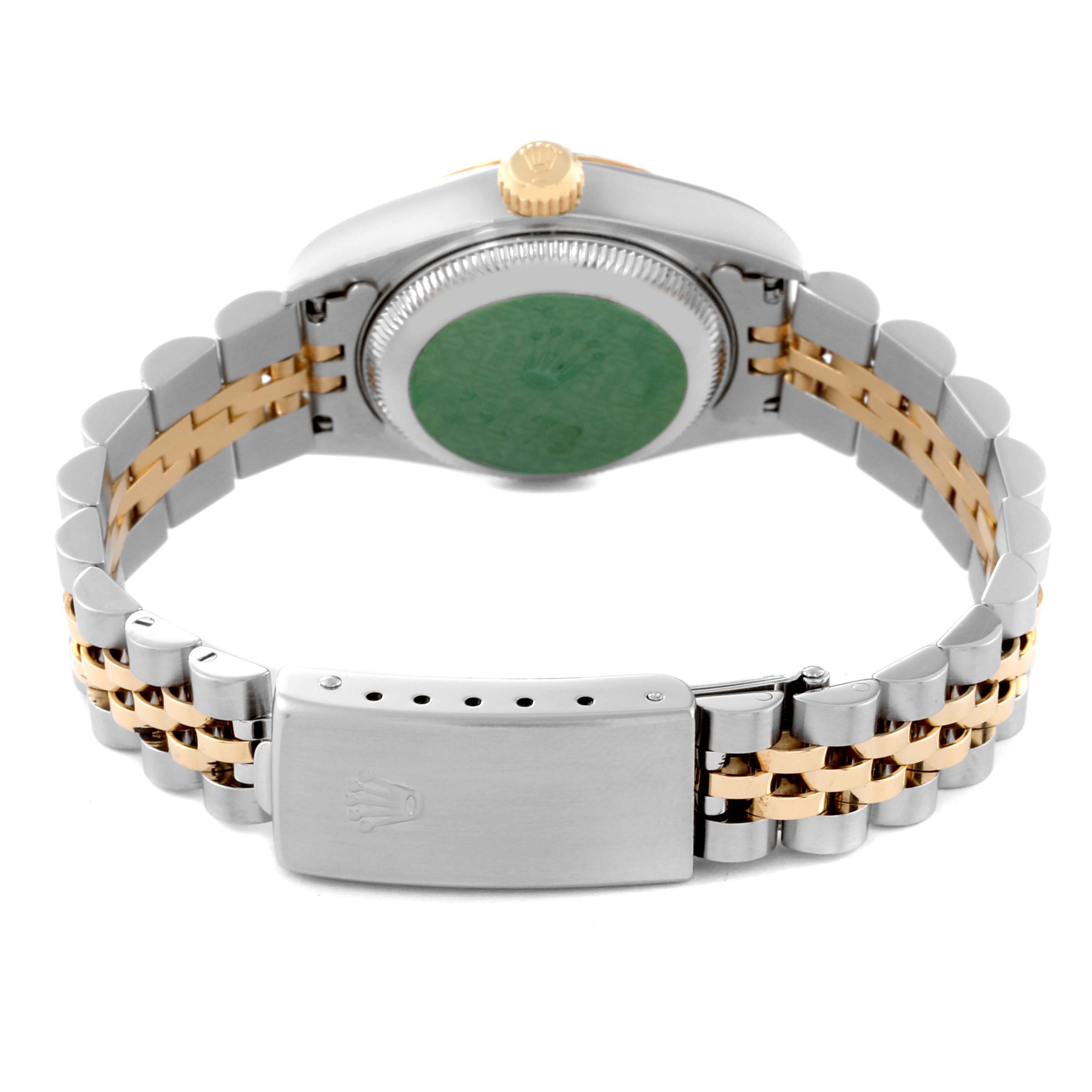 The image shows the back view of a Rolex Datejust 79173 Women's Steel and Gold (two tone) Blue Dial 79173 Women's Steel and Gold (two tone) Blue Dial watch, highlighting the bracelet and clasp.