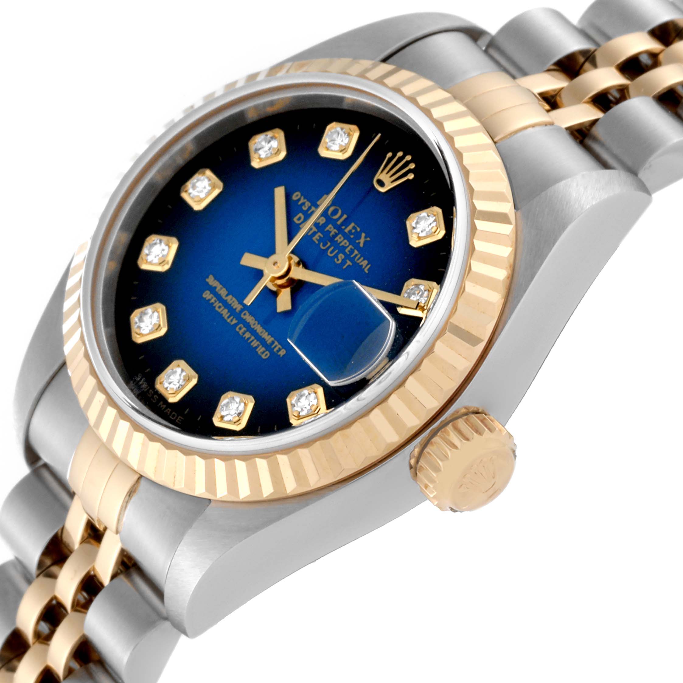This image shows a close-up side view of the Rolex Datejust 79173 Women's Steel and Gold (two tone) Blue Dial 79173 Women's Steel and Gold (two tone) Blue Dial watch, highlighting the crown, bezel, dial, and part of the bracelet.