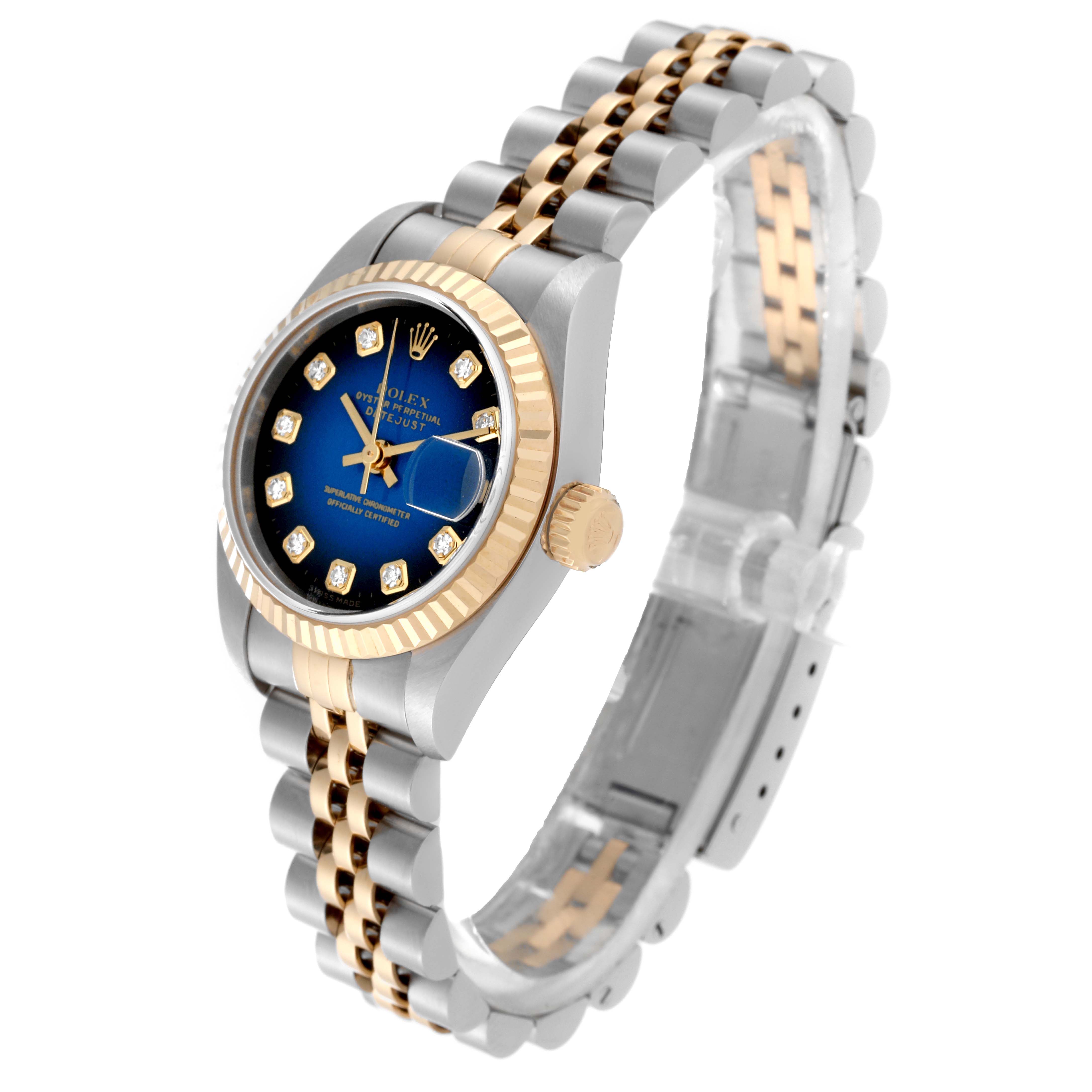 The Rolex Datejust 79173 Women's Steel and Gold (two tone) Blue Dial 79173 Women's Steel and Gold (two tone) Blue Dial watch is shown at a three-quarter angle, displaying the dial, bezel, crown, and bracelet.