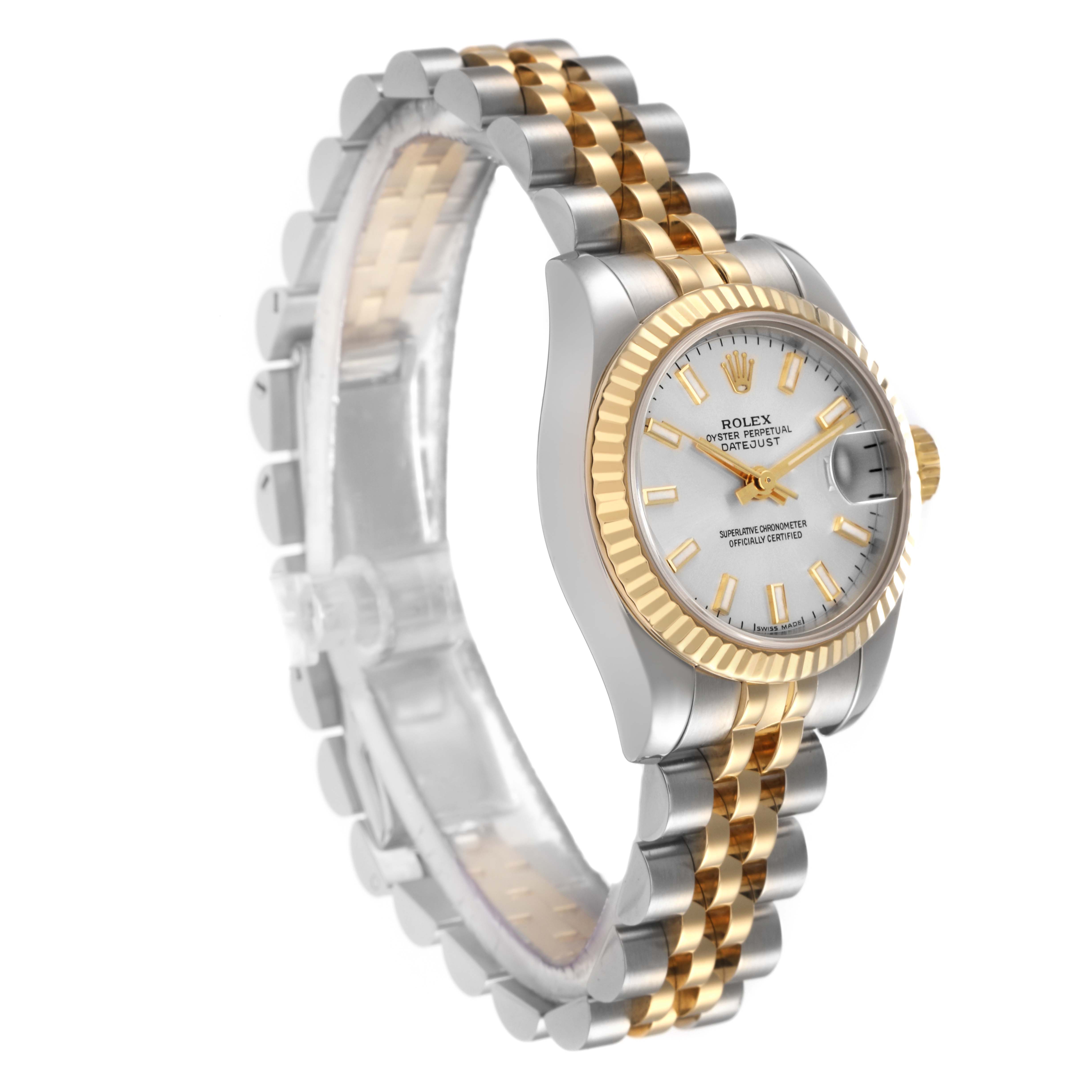 This image shows a Rolex Datejust model 179173 watch from an angled side view, highlighting its two-tone bracelet, fluted bezel, dial, and crown.