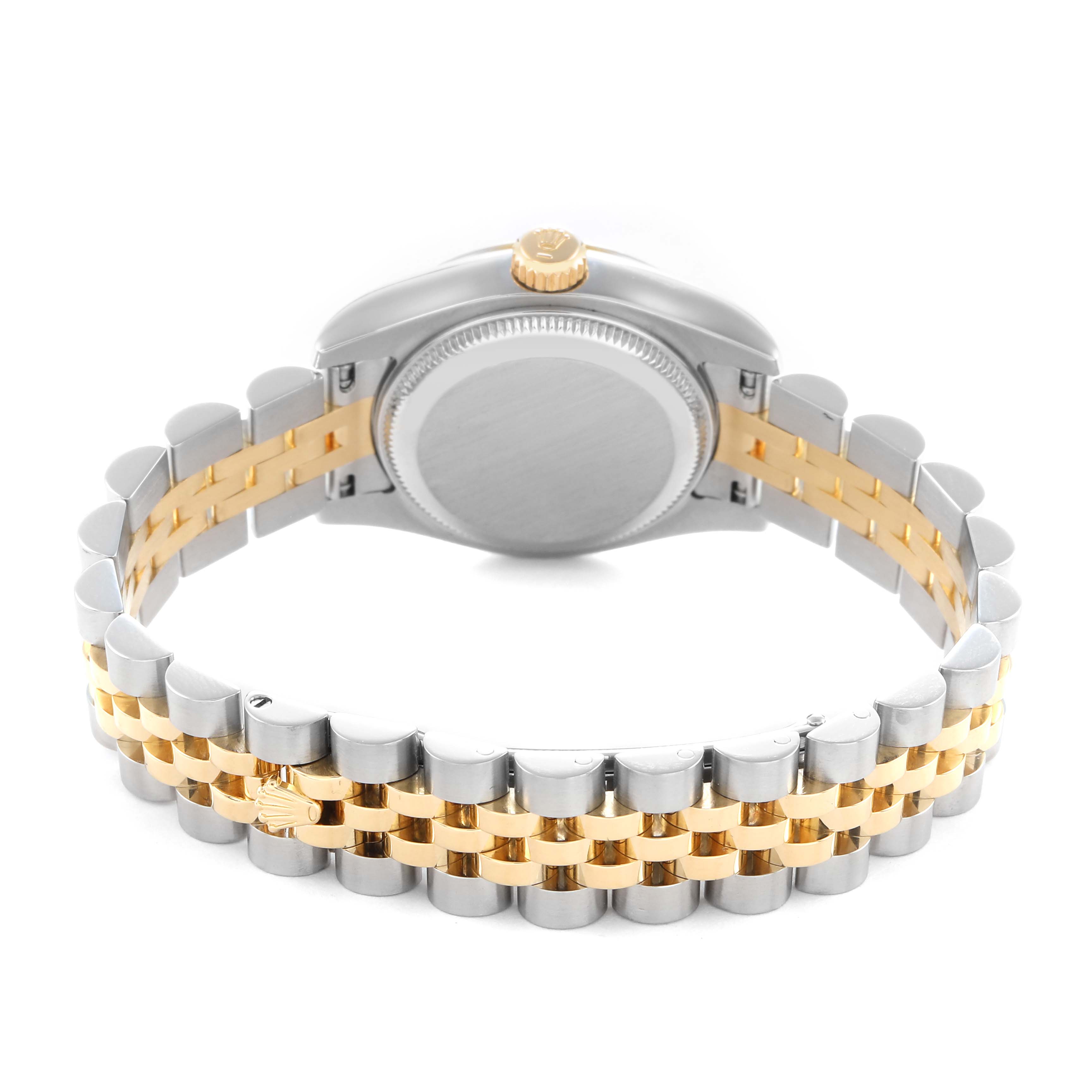 The image shows the back of a Rolex Datejust model 179173 men
s watch, focusing on the case back and jubilee bracelet with two-tone links.