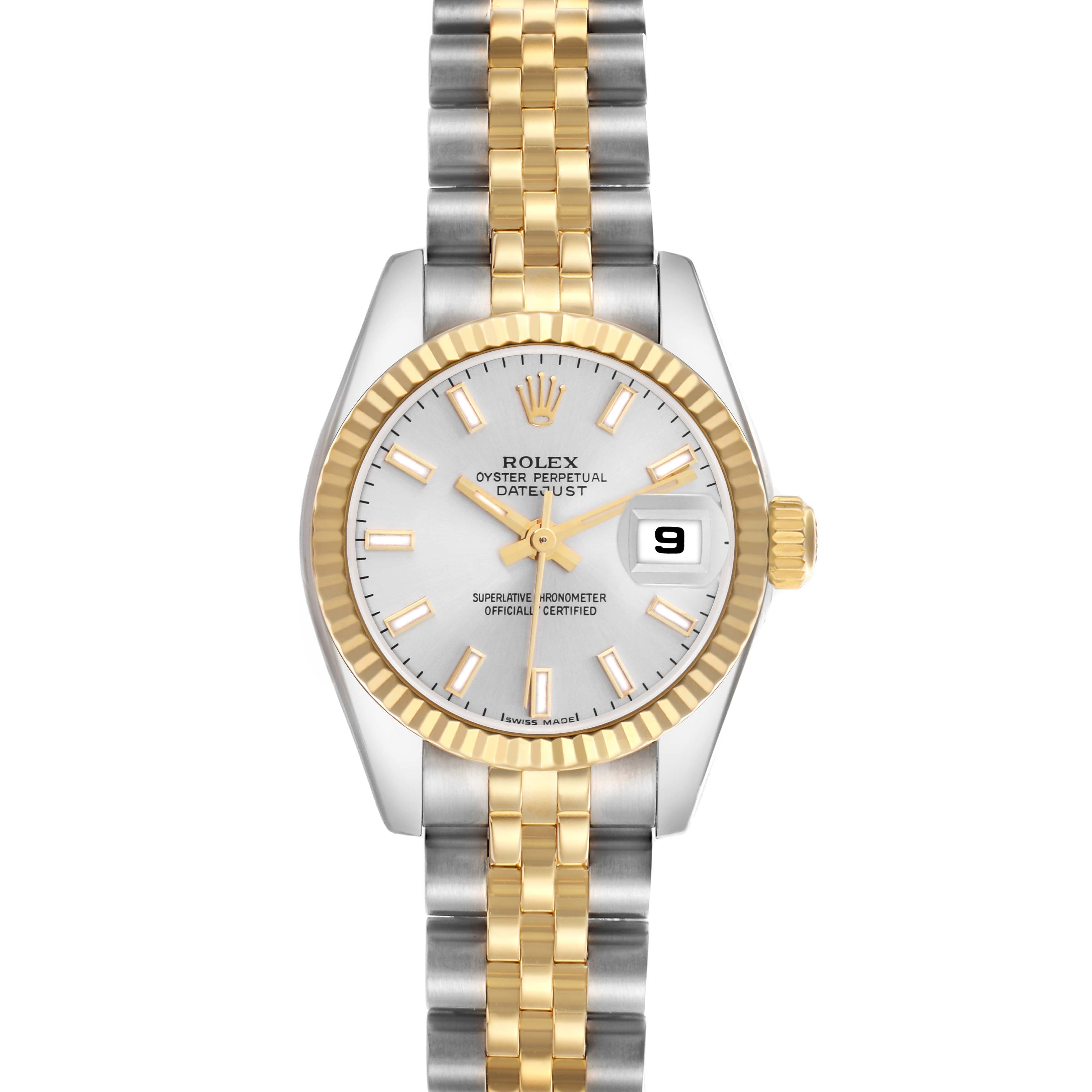 The Rolex Datejust model 179173 is shown from the front, highlighting its two-tone bracelet, fluted bezel, and white dial with a date display.