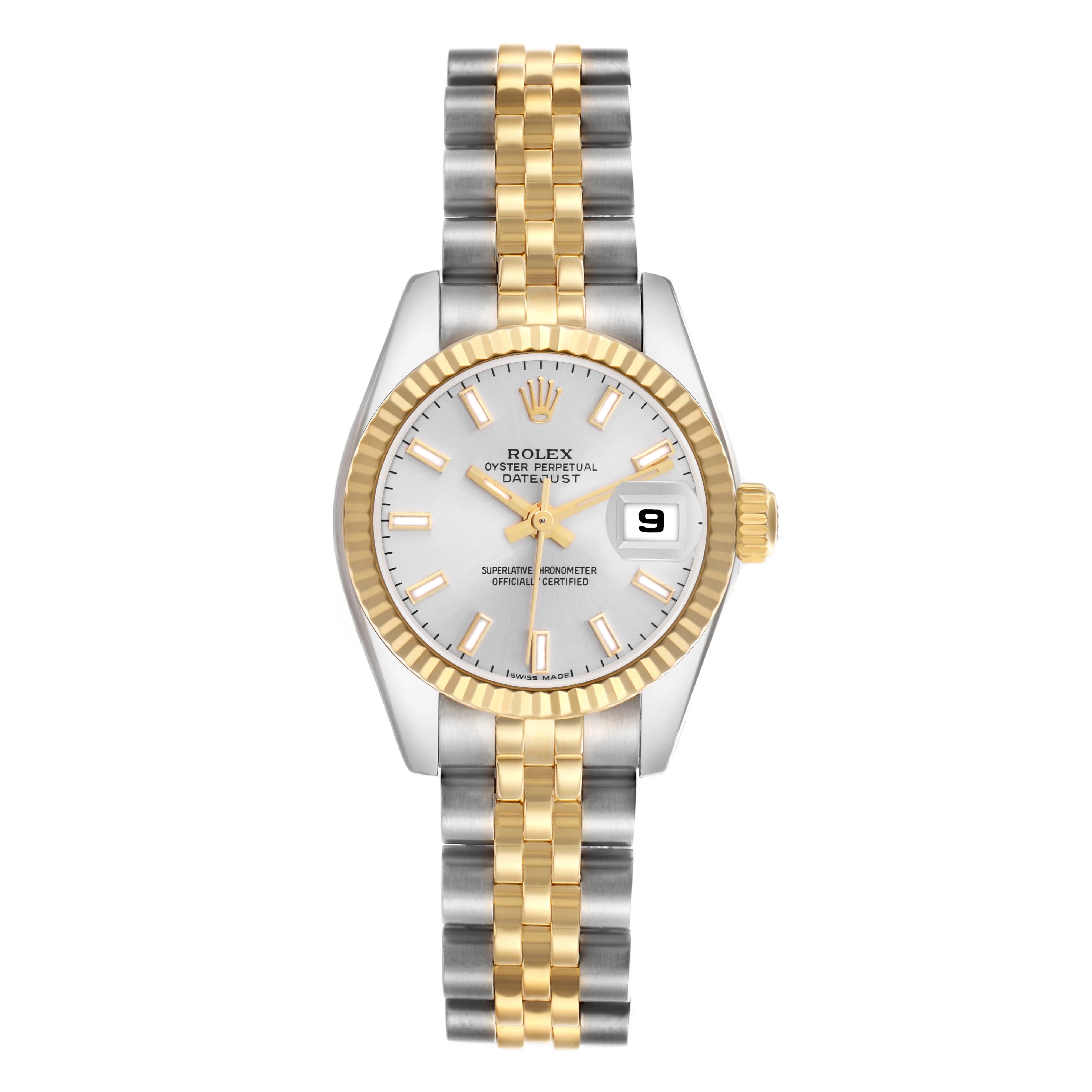 The Rolex Datejust model 179173 is shown from the front, highlighting the dial, two-tone bracelet, and fluted bezel.