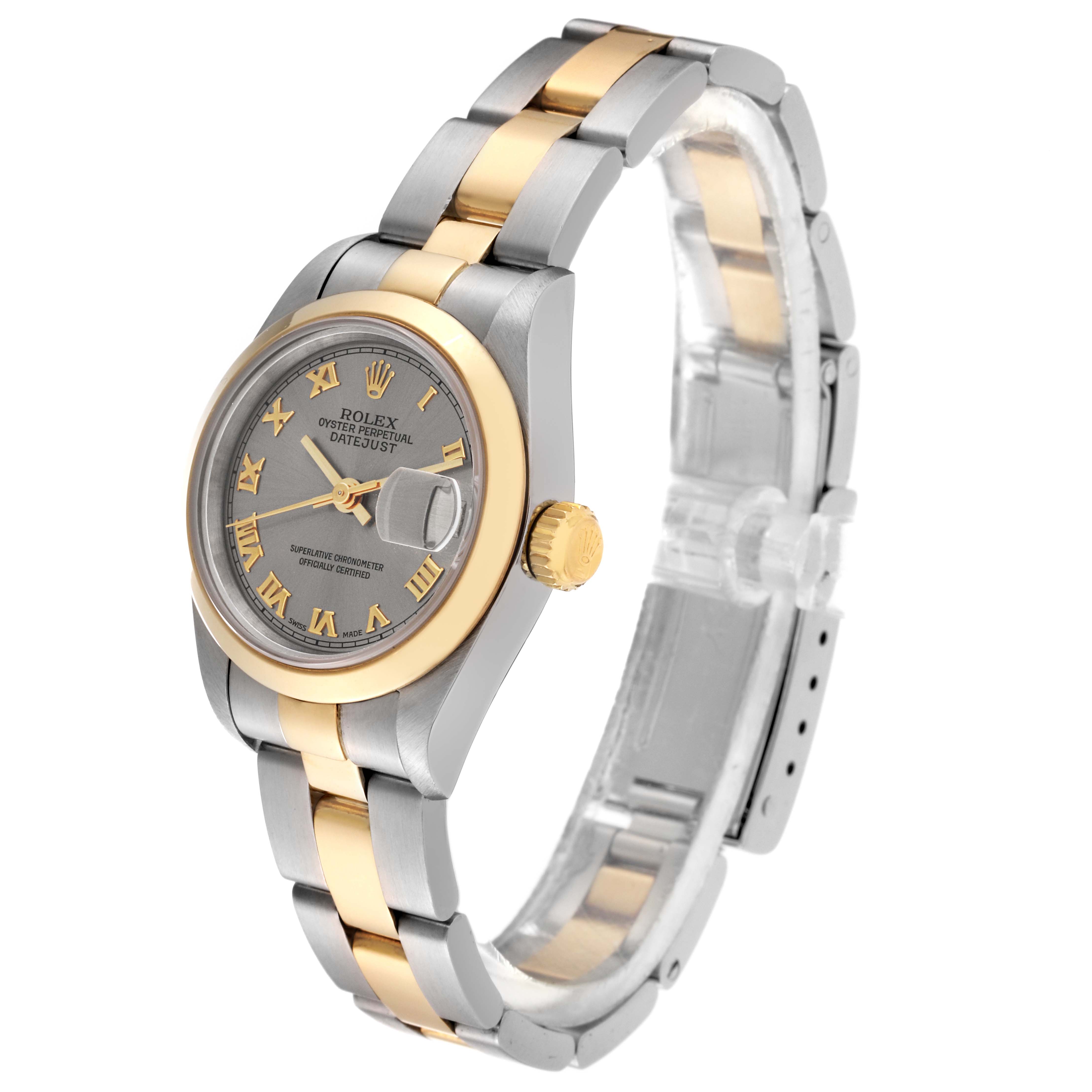The image shows a Rolex Datejust 69163 Women's Steel and Gold (two tone) Grey Dial 69163 Women's Steel and Gold (two tone) Grey Dial watch at an angled side view, highlighting the two-tone bracelet and grey dial.