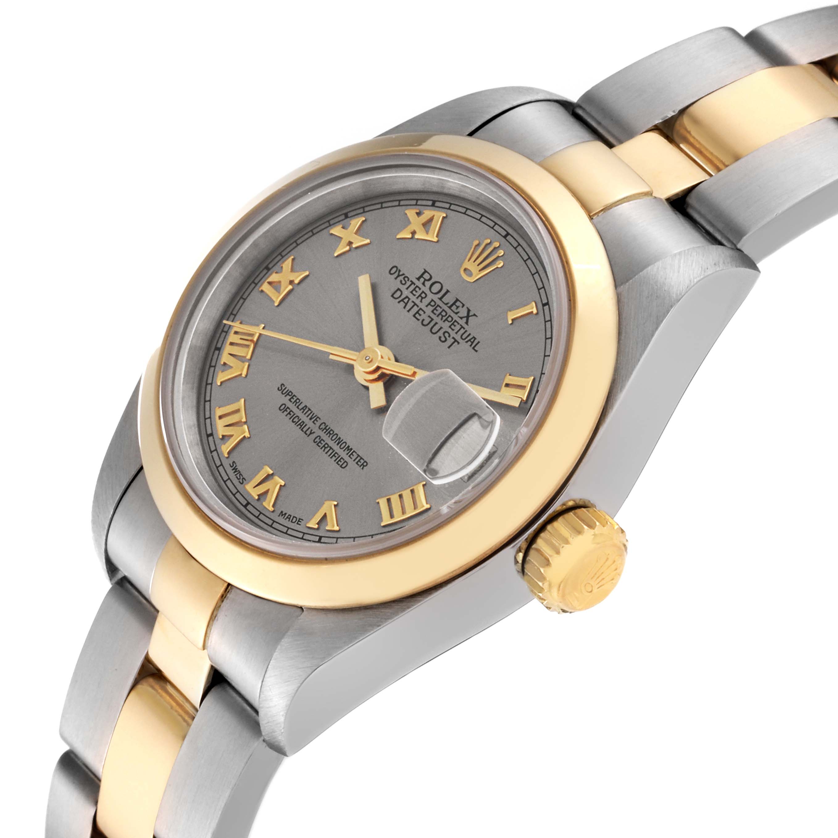 This image shows a close-up, angled view of the Rolex Datejust 69163 Women's Steel and Gold (two tone) Grey Dial 69163 Women's Steel and Gold (two tone) Grey Dial watch, highlighting its face, bezel, crown, and part of the bracelet.