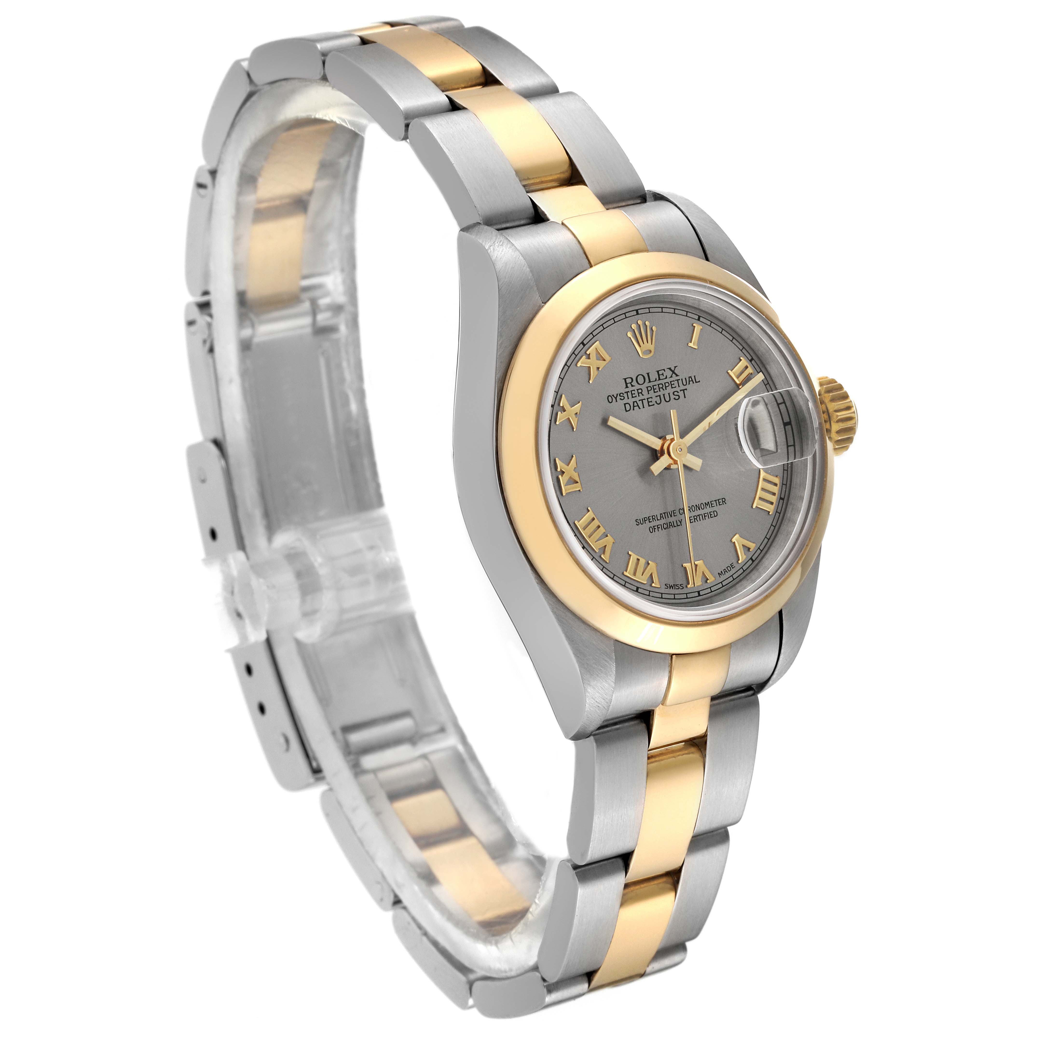 The image shows a Rolex Datejust 69163 Women's Steel and Gold (two tone) Grey Dial 69163 Women's Steel and Gold (two tone) Grey Dial watch at a three-quarter angle, highlighting its two-tone band, bezel, and face with Roman numerals.