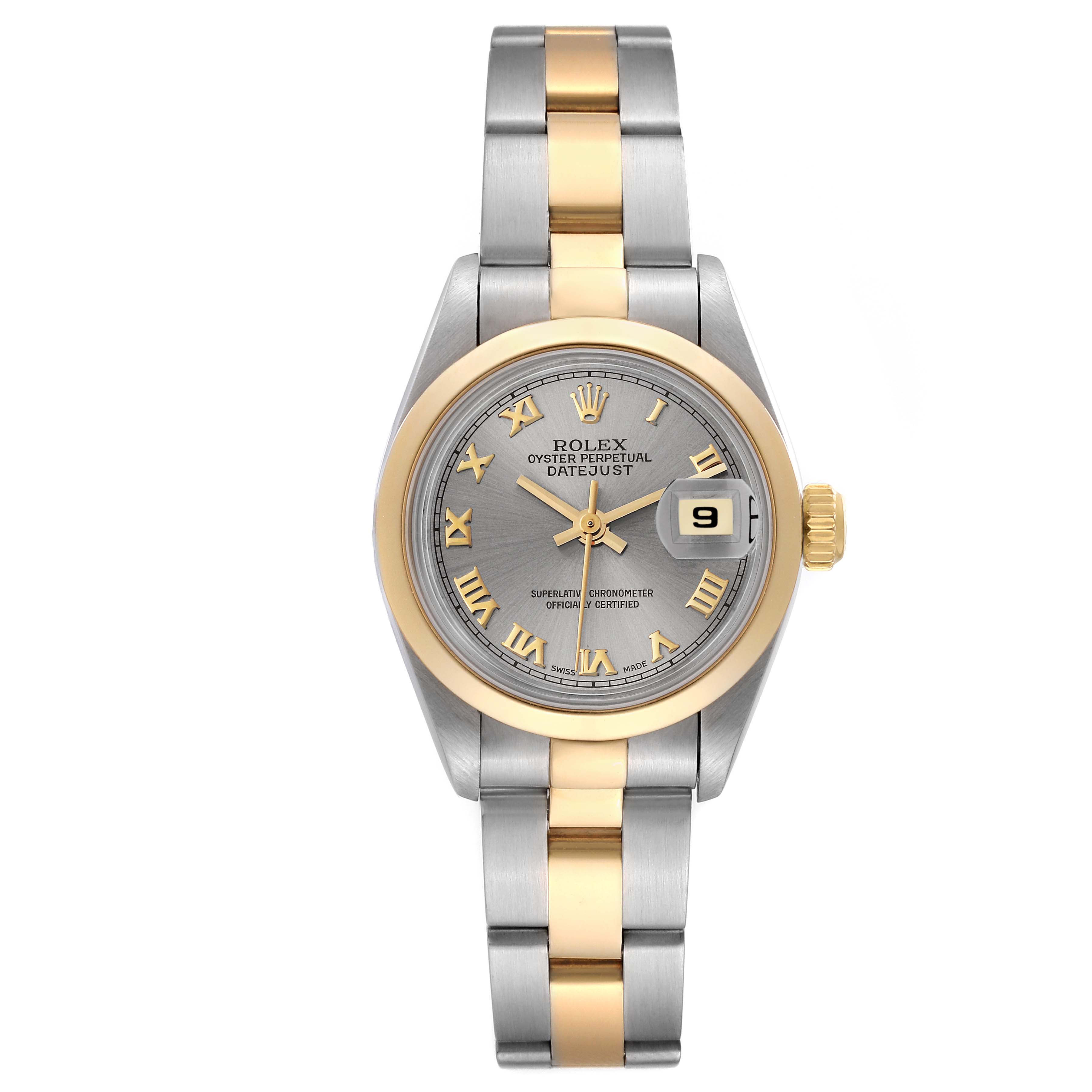 The Rolex Datejust 69163 Women's Steel and Gold (two tone) Grey Dial 69163 Women's Steel and Gold (two tone) Grey Dial watch is shown from a front angle, displaying its two-tone bracelet, gold bezel, and date display at 3 o'clock.