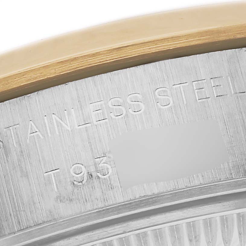 The image shows a close-up of the engraved stainless steel case back of a Rolex Datejust 69163 Women's Steel and Gold (two tone) Grey Dial 69163 Women's Steel and Gold (two tone) Grey Dial watch.