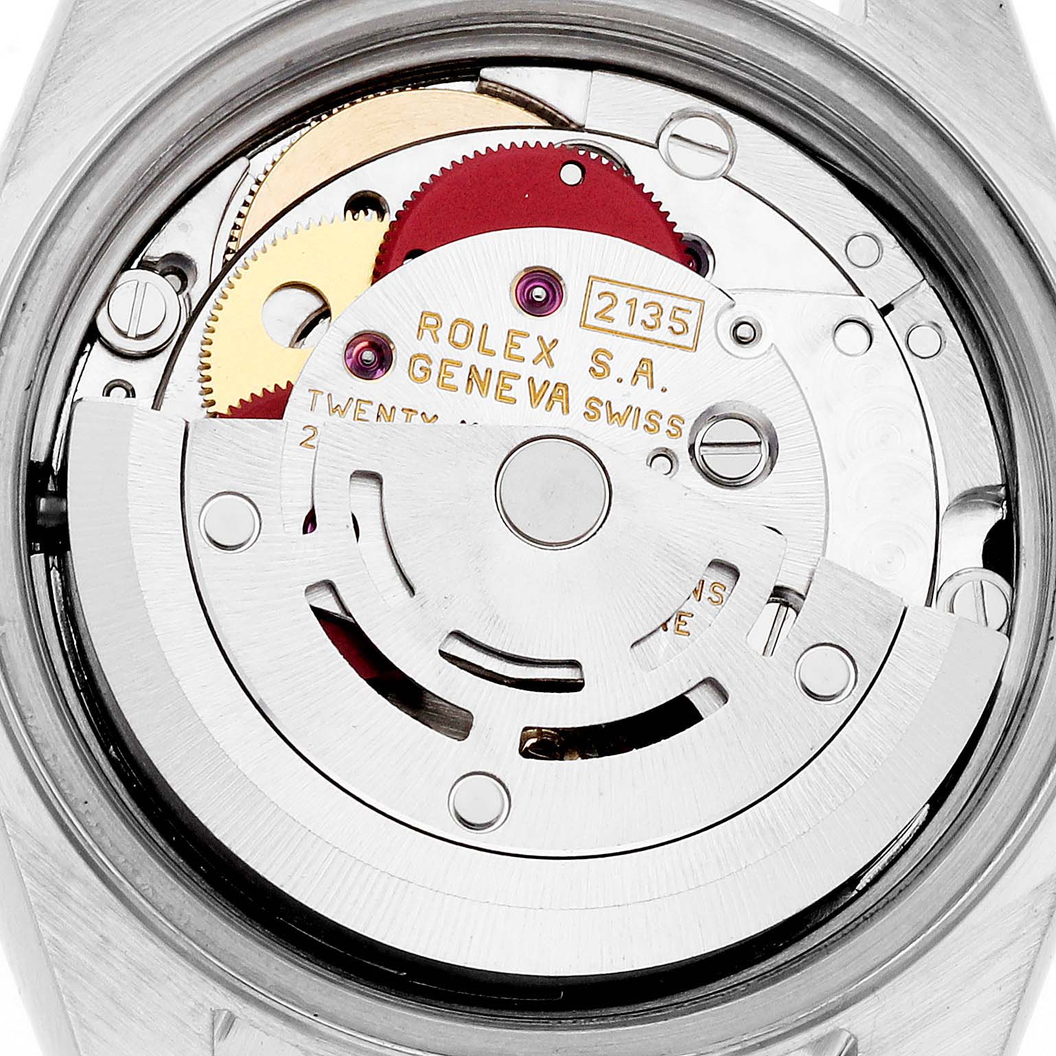 The image shows the movement parts of a Rolex Datejust 69163 Women's Steel and Gold (two tone) Grey Dial 69163 Women's Steel and Gold (two tone) Grey Dial watch from a rear angle, highlighting the gears and rotor.