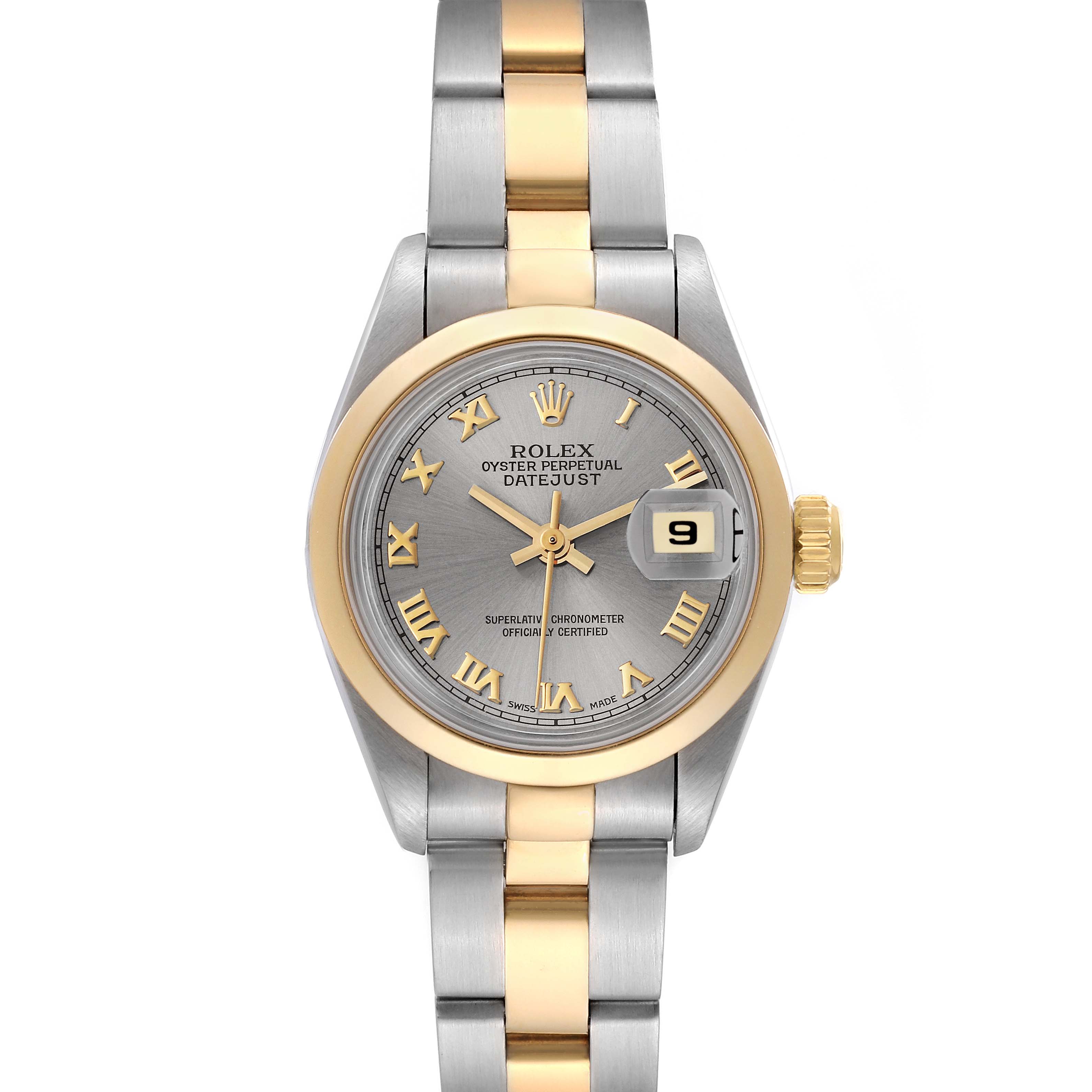 The image shows a front view of a Rolex Datejust 69163 Women's Steel and Gold (two tone) Grey Dial 69163 Women's Steel and Gold (two tone) Grey Dial watch, detailing the face, hands, date window, and two-tone bracelet.