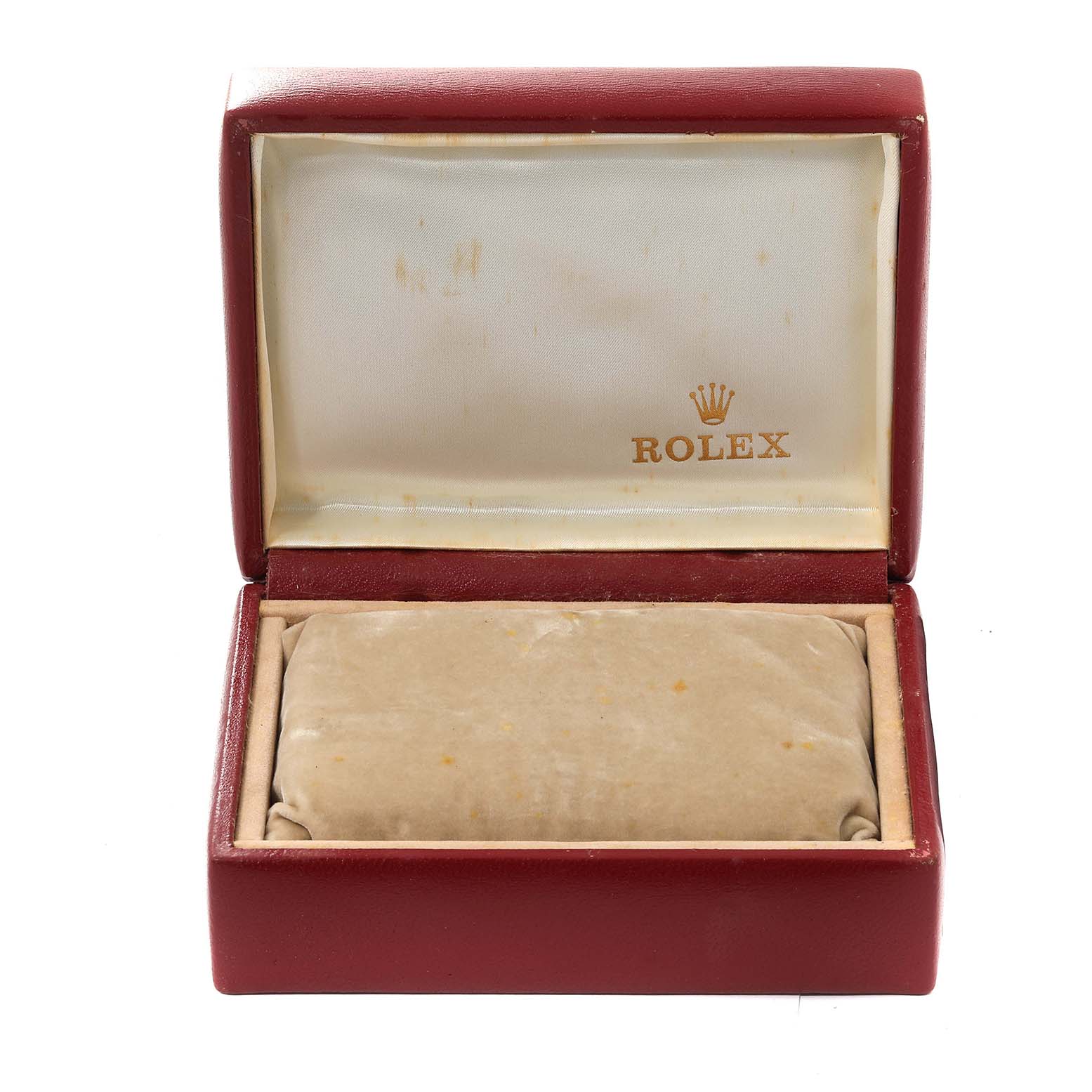 The image shows an open luxury Rolex Datejust 69163 Women's Steel and Gold (two tone) Grey Dial 69163 Women's Steel and Gold (two tone) Grey Dial watch box, lined with fabric and containing a wrapped item.