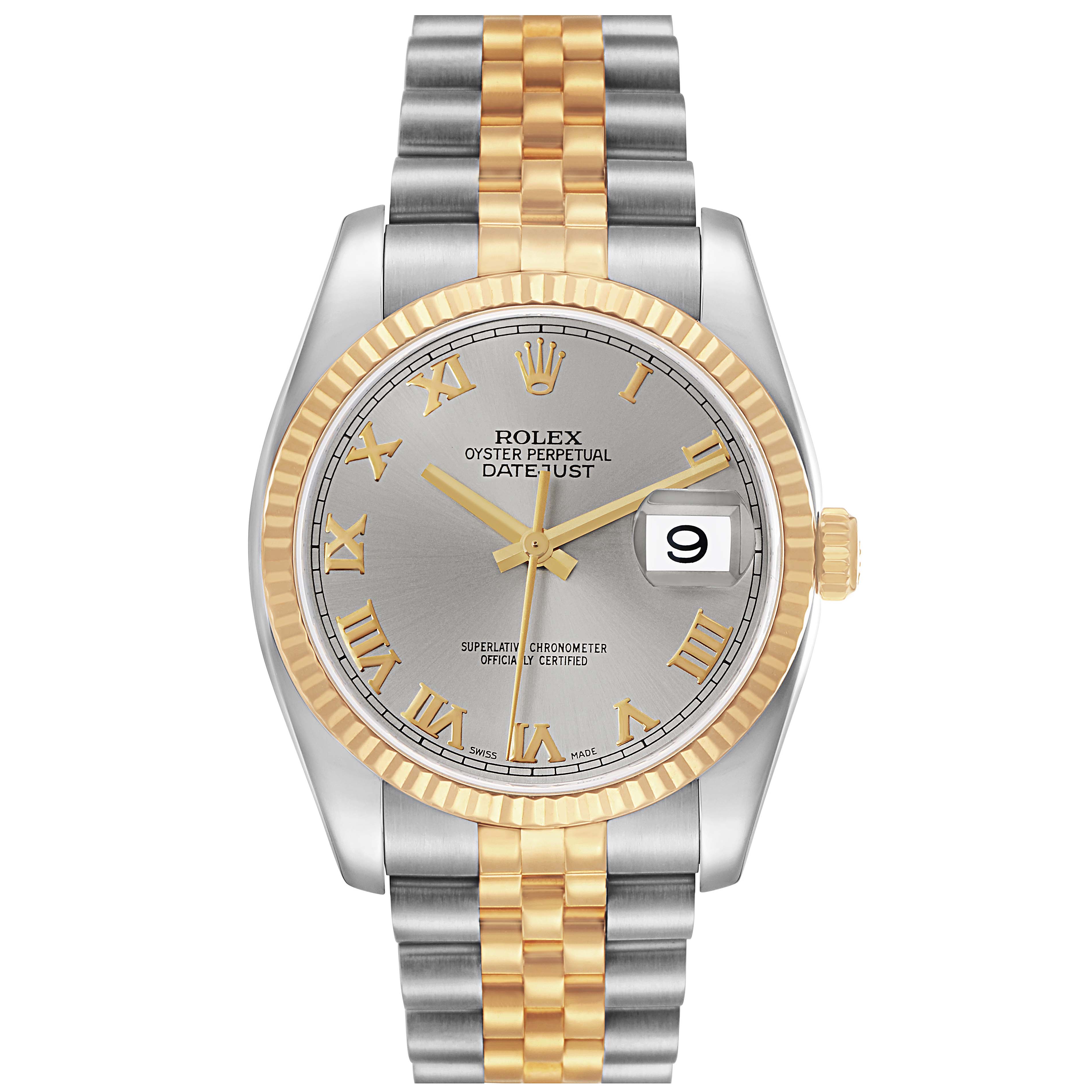The Rolex Datejust model 116233 is shown from the front, featuring a silver dial, gold Roman numerals, a two-tone Jubilee bracelet, and the date with a magnifying lens.