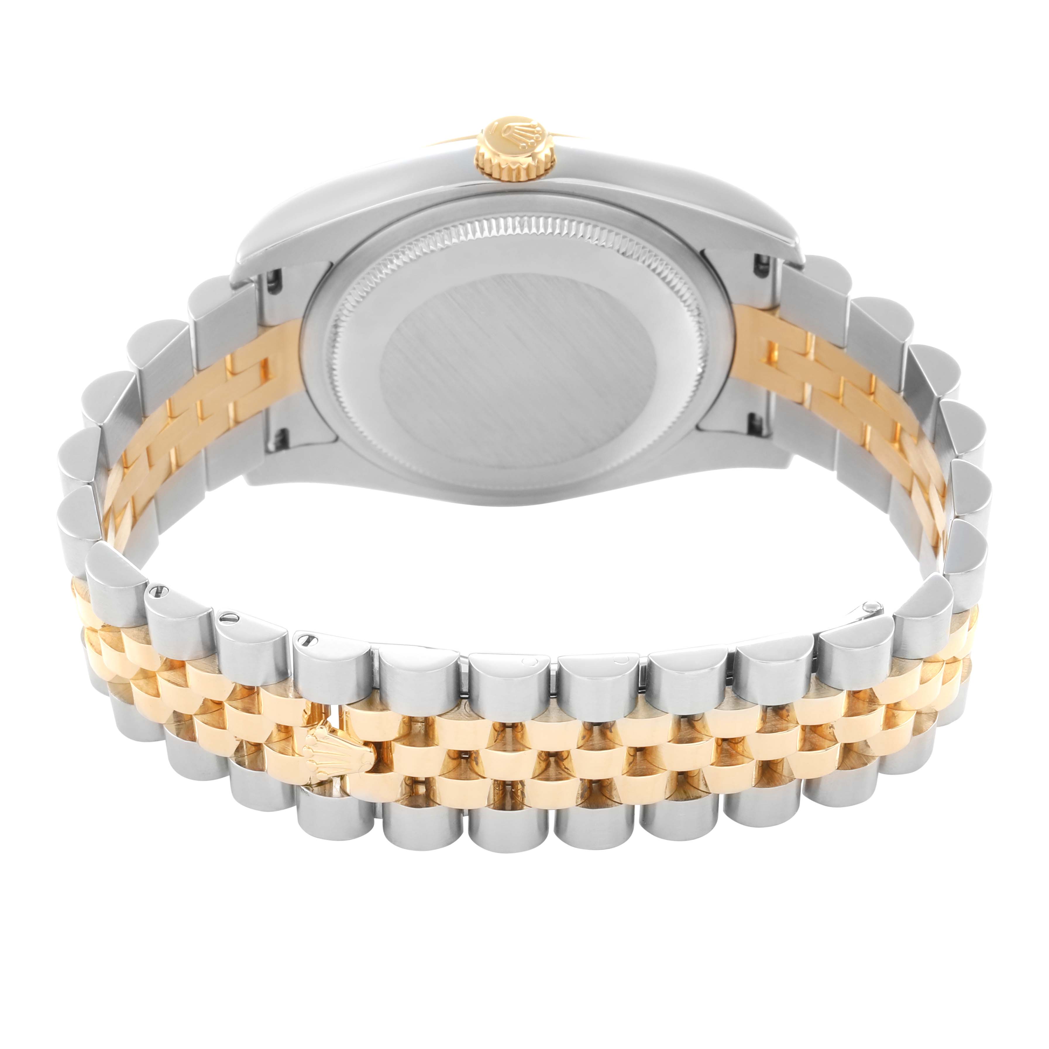 The image shows the back and side of a Rolex Datejust model 116233 men's watch, highlighting the bracelet and the case back.