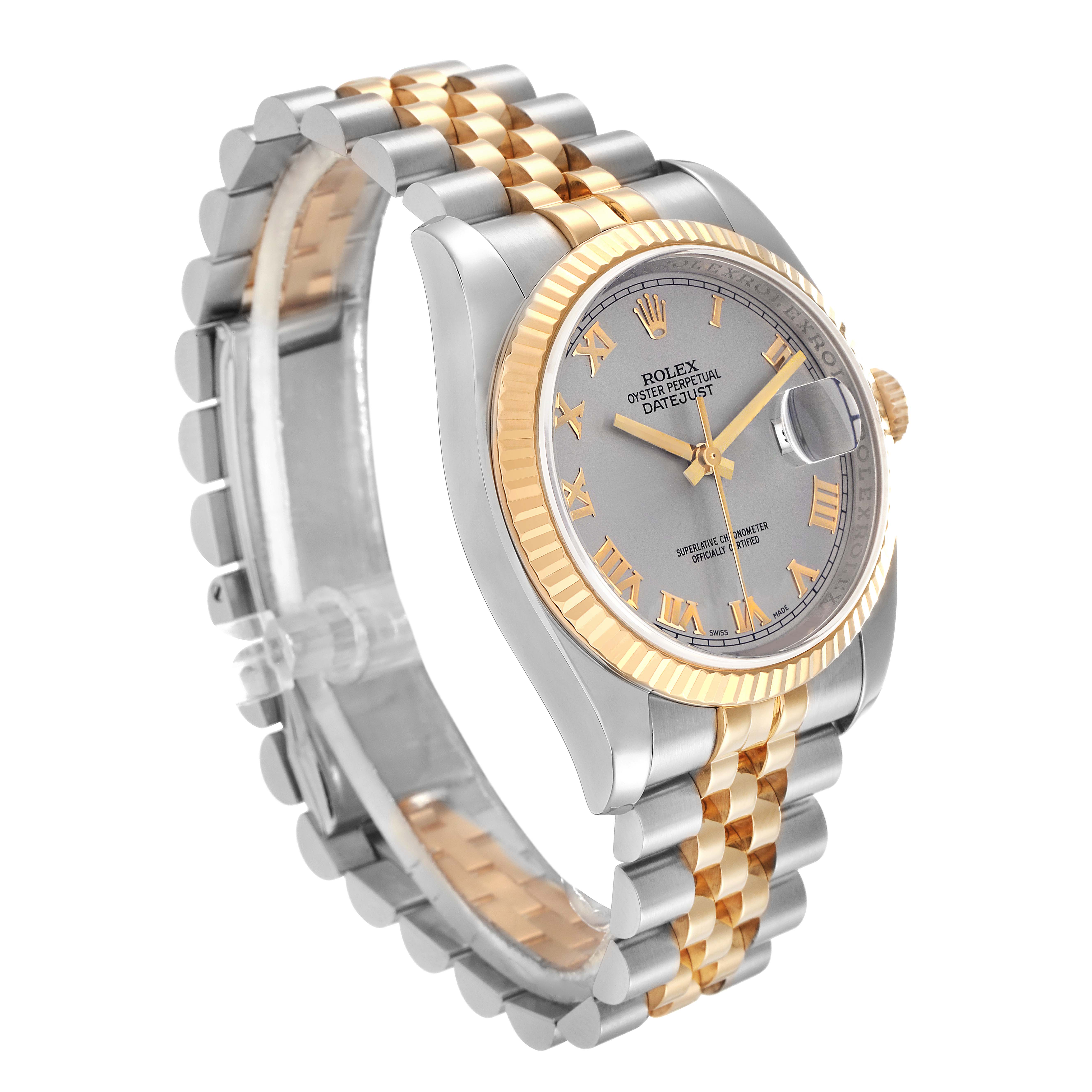 The Rolex Datejust model 116233 is shown from a three-quarter angle, highlighting the watch face, fluted bezel, crown, and two-tone jubilee bracelet.