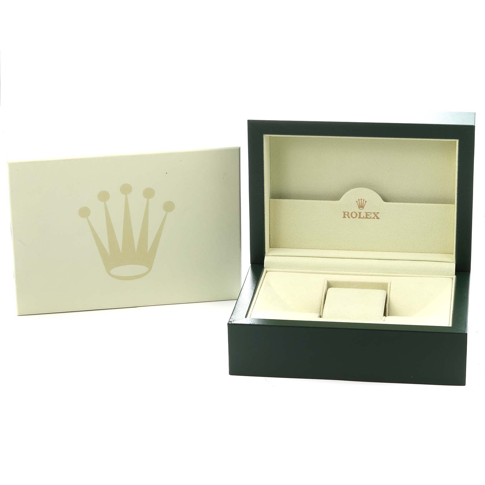 The image shows an open Rolex watch box for the Datejust model 116233, showcasing its interior compartments and the outer packaging.