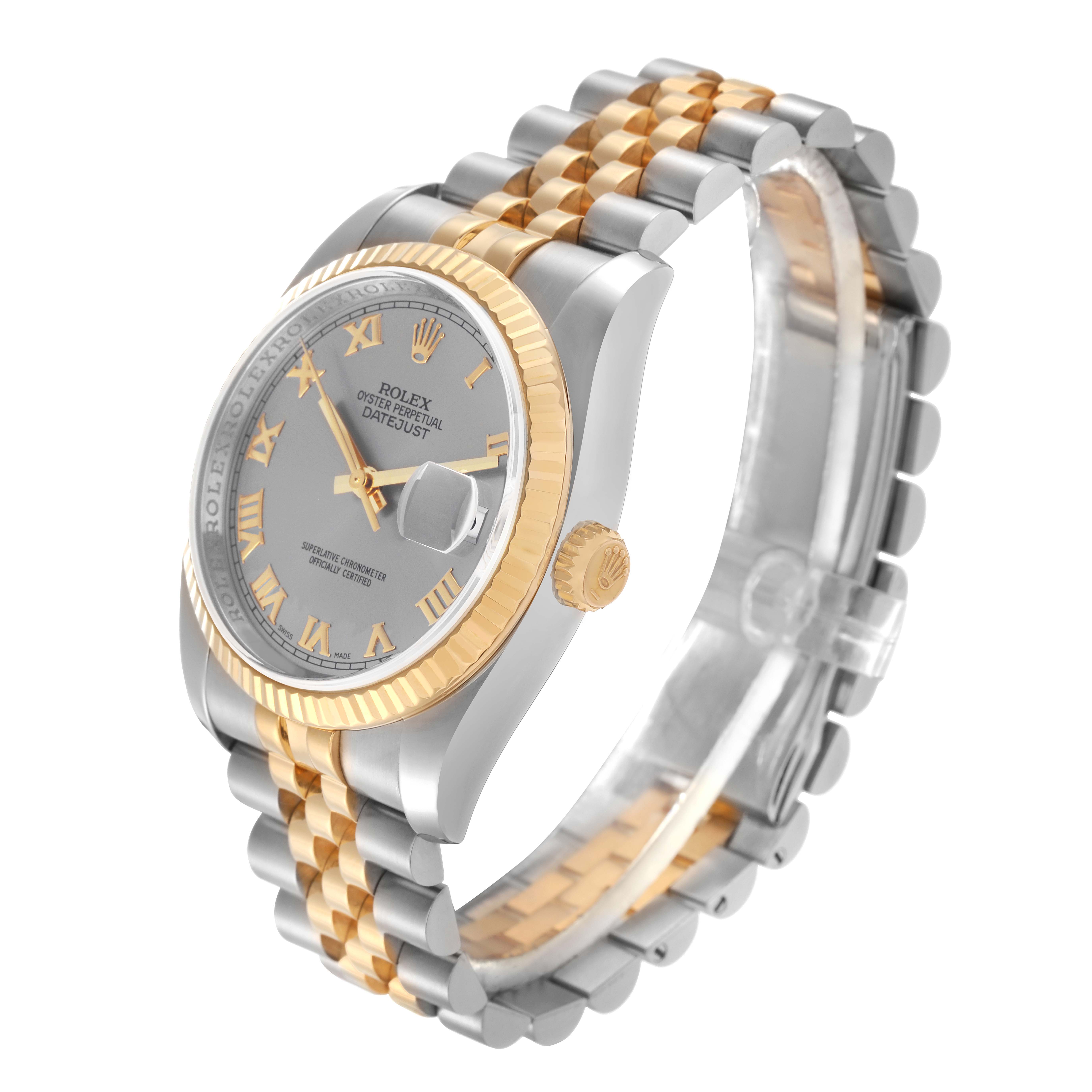 The image shows a Rolex Datejust model 116233 men's watch at a three-quarter angle, highlighting the dial, bezel, crown, and two-tone bracelet.