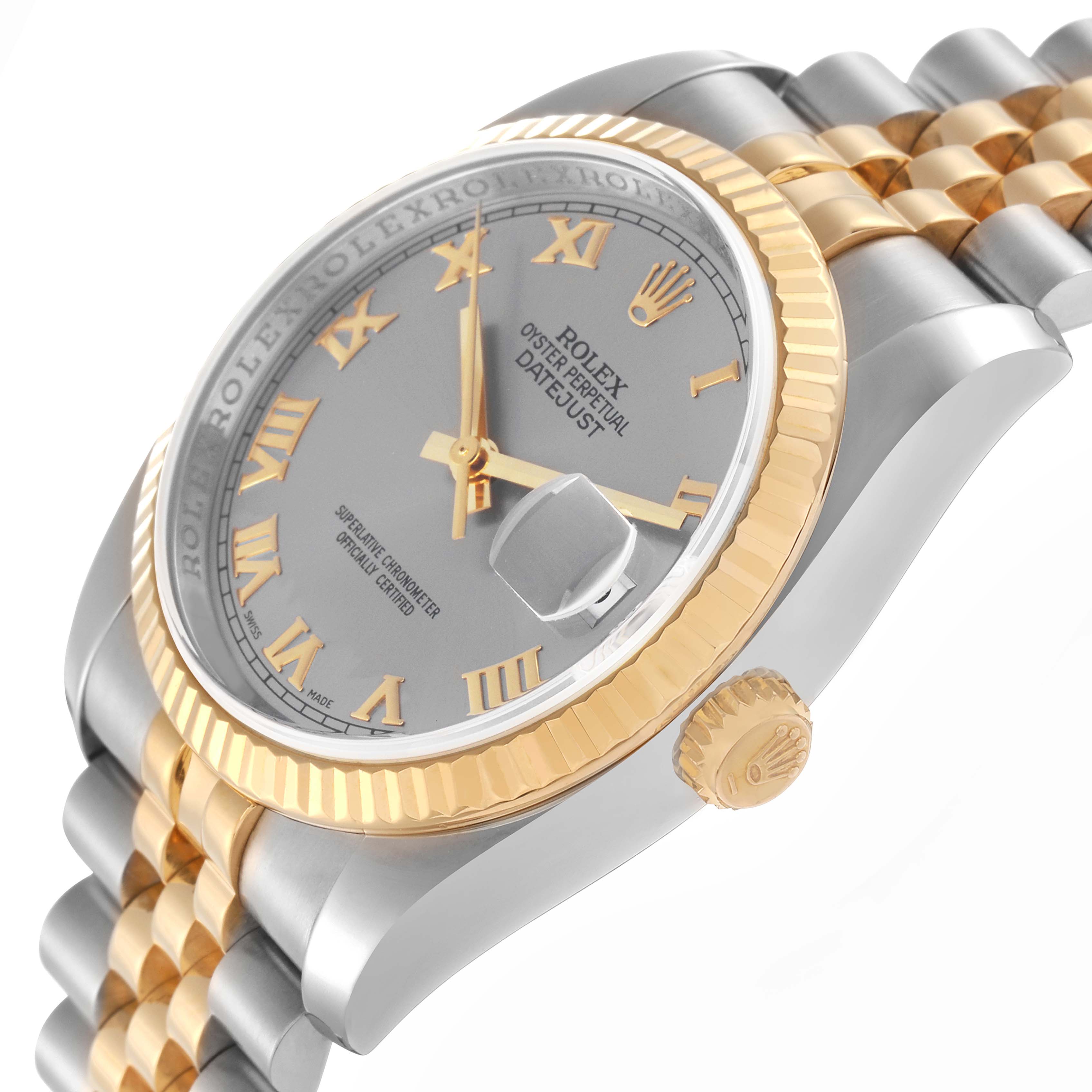 The image shows a Rolex Datejust model 116233 men's watch from an angled side view, highlighting the gold fluted bezel, gray dial, Roman numerals, and Jubilee bracelet.