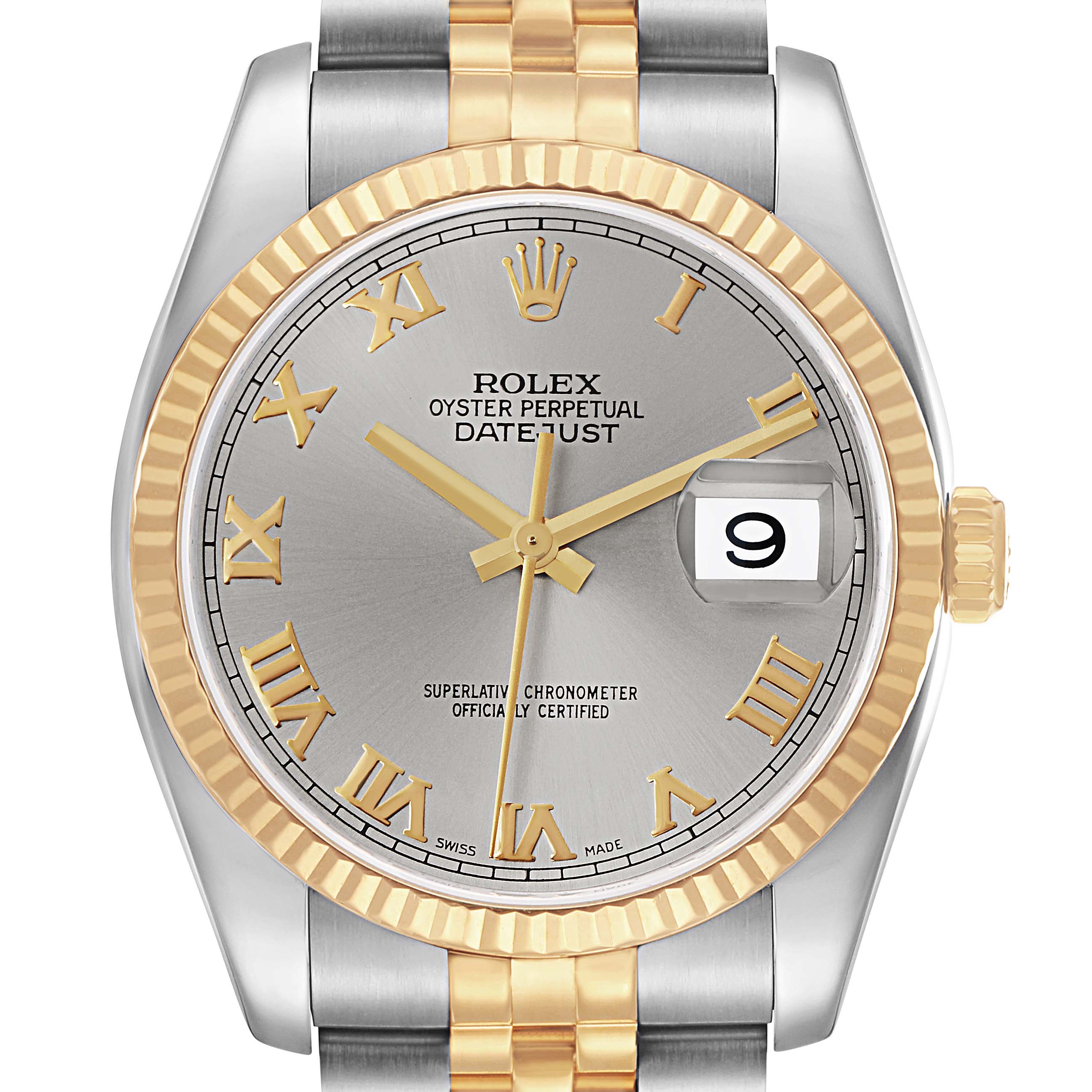 The watch, a Rolex Datejust model 116233, is shown from a frontal angle, highlighting its face, fluted bezel, and jubilee bracelet.