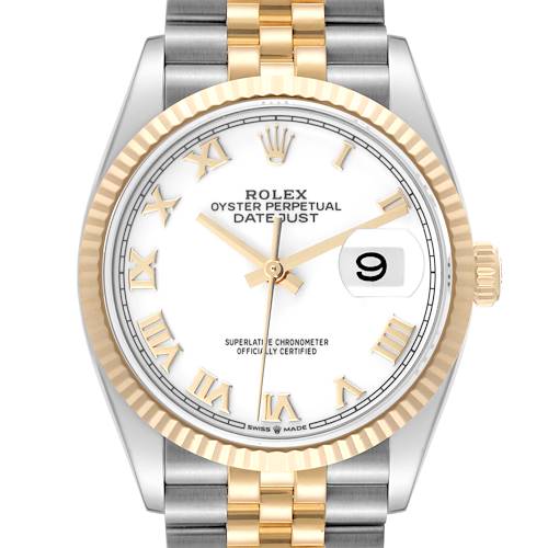 This image shows a front view of a Rolex Datejust watch, highlighting its white dial, gold and silver bracelet, and date function.