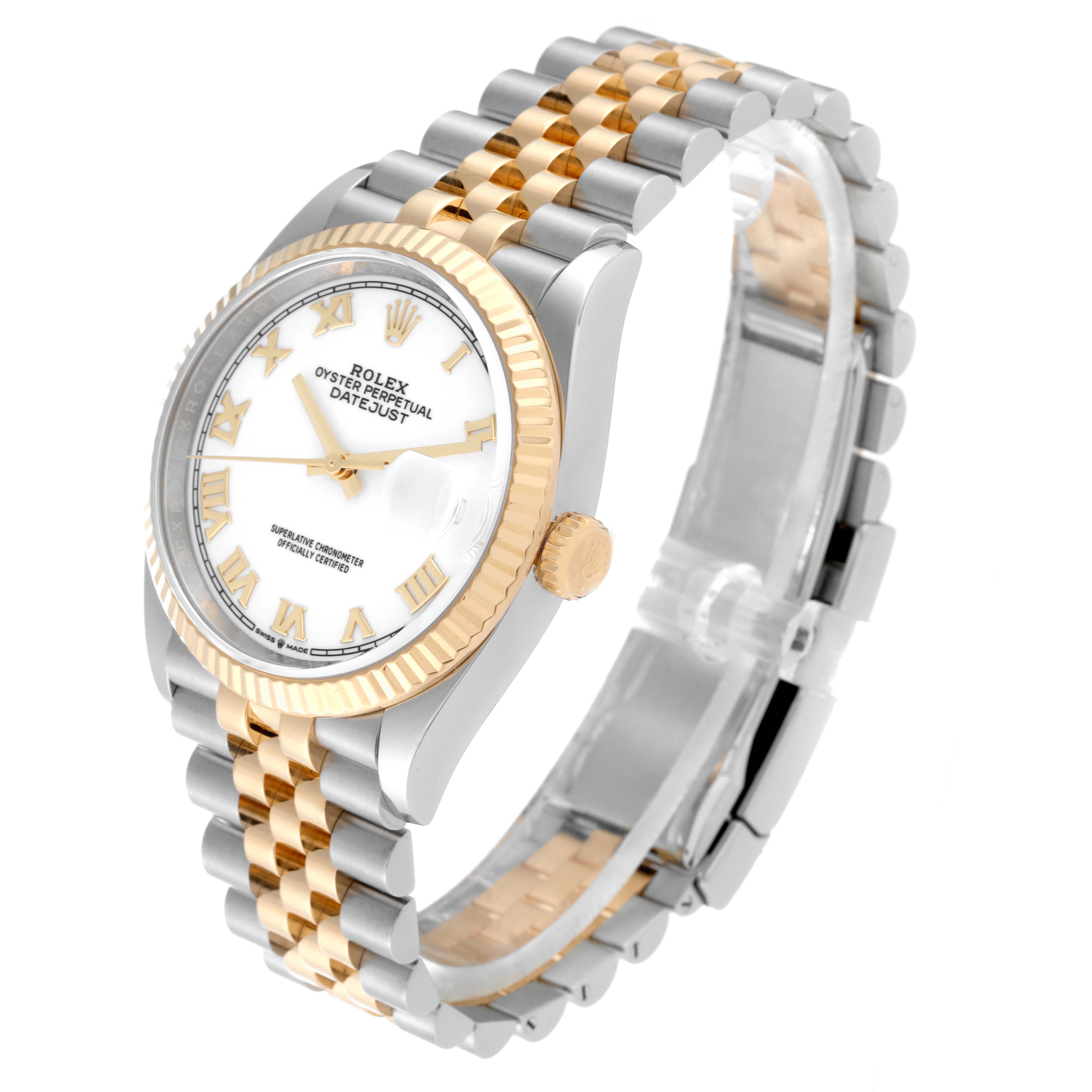 The Rolex Datejust 126233 Men's Steel and Gold (two tone) White Dial 126233 Men's Steel and Gold (two tone) White Dial watch is shown from an angled side view, displaying the dial, fluted bezel, and jubilee bracelet.