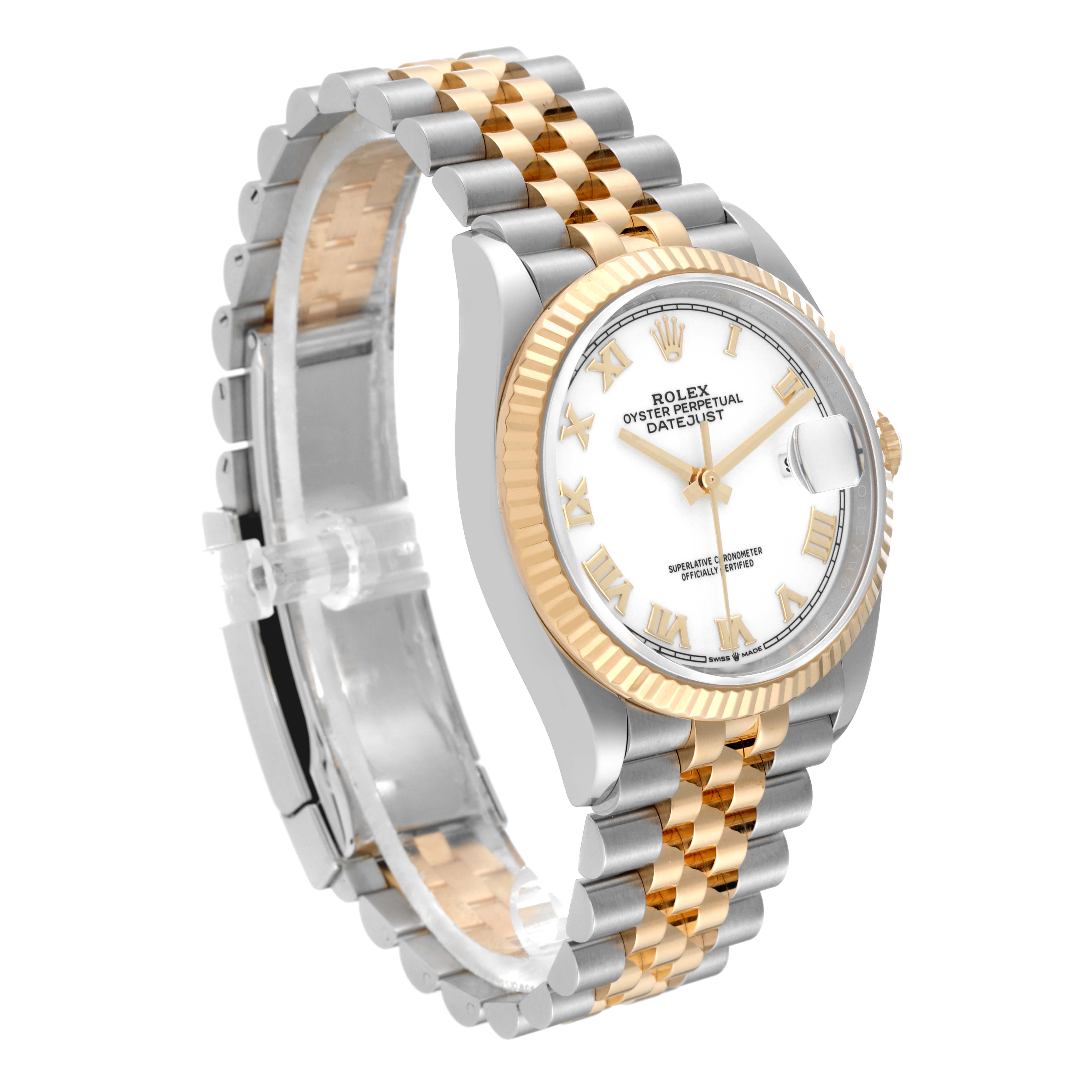 This image shows a Rolex Datejust 126233 Men's Steel and Gold (two tone) White Dial 126233 Men's Steel and Gold (two tone) White Dial watch at a three-quarter angle, highlighting the dial, bezel, and two-tone bracelet.