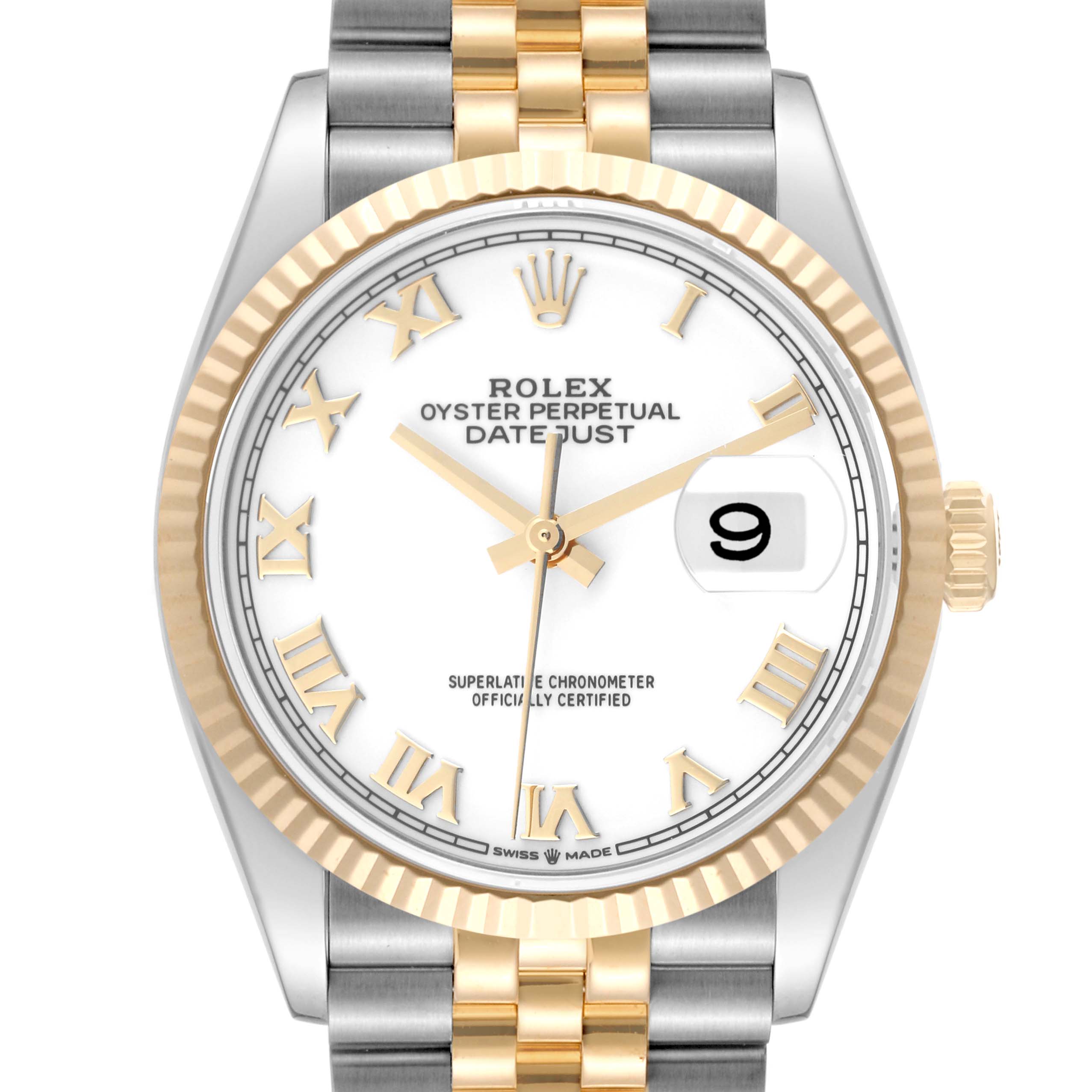 This image shows a front view of a Rolex Datejust 126233 Men's Steel and Gold (two tone) White Dial 126233 Men's Steel and Gold (two tone) White Dial watch, highlighting the dial, bezel, and part of the bracelet.