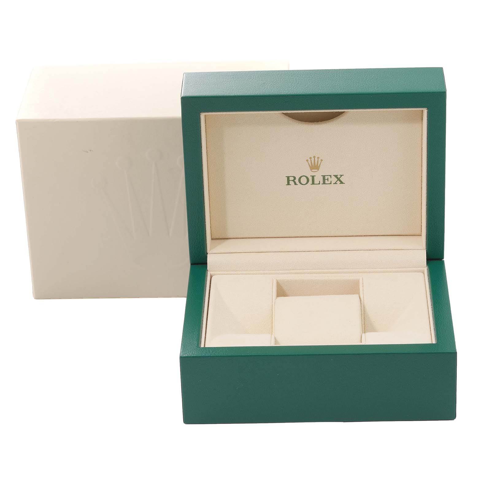This image shows the open box of a Rolex Datejust 126233 Men's Steel and Gold (two tone) White Dial 126233 Men's Steel and Gold (two tone) White Dial watch, highlighting its green and beige interior.