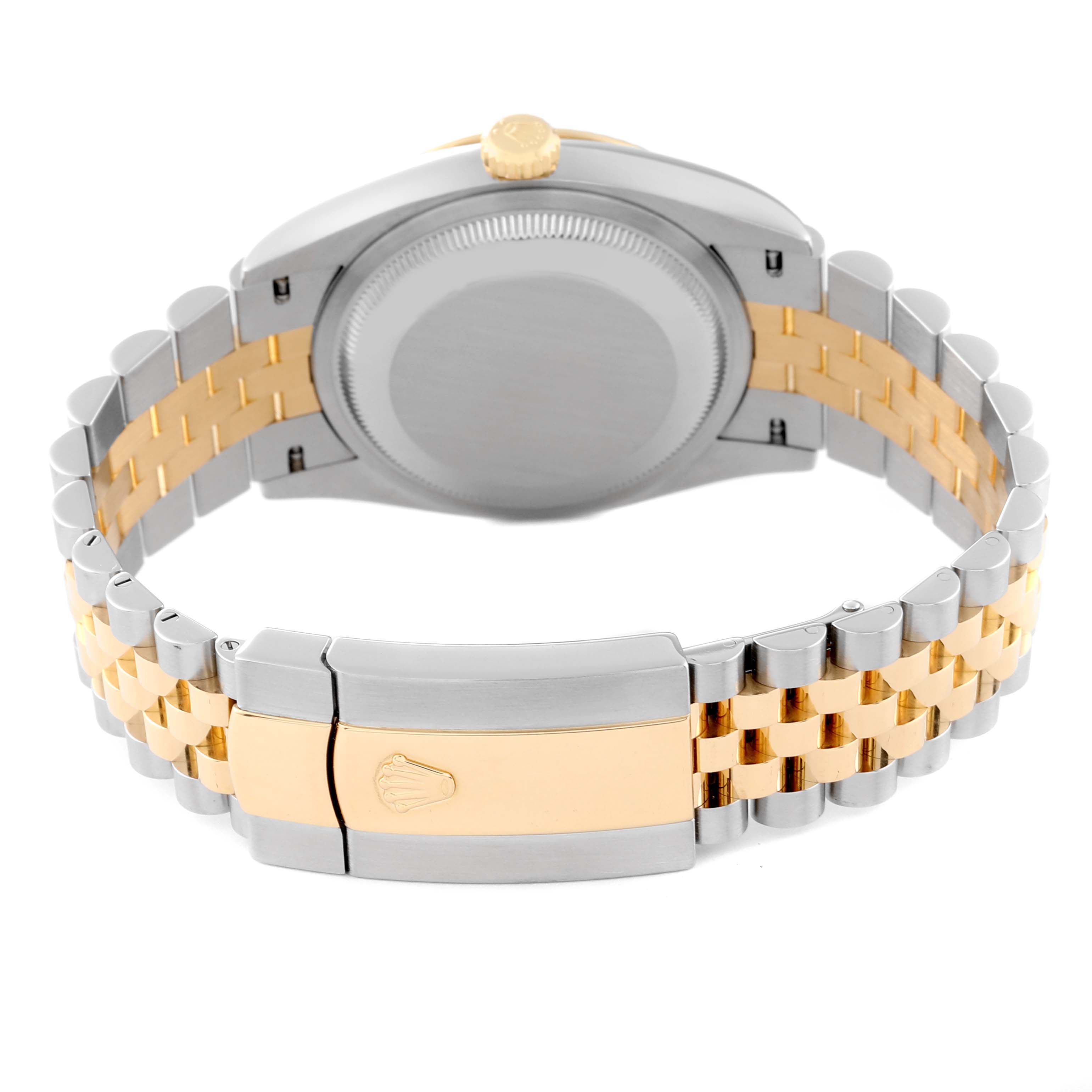 The image shows the back view of a Rolex Datejust 126233 Men's Steel and Gold (two tone) White Dial 126233 Men's Steel and Gold (two tone) White Dial watch, highlighting its two-tone bracelet and clasp.
