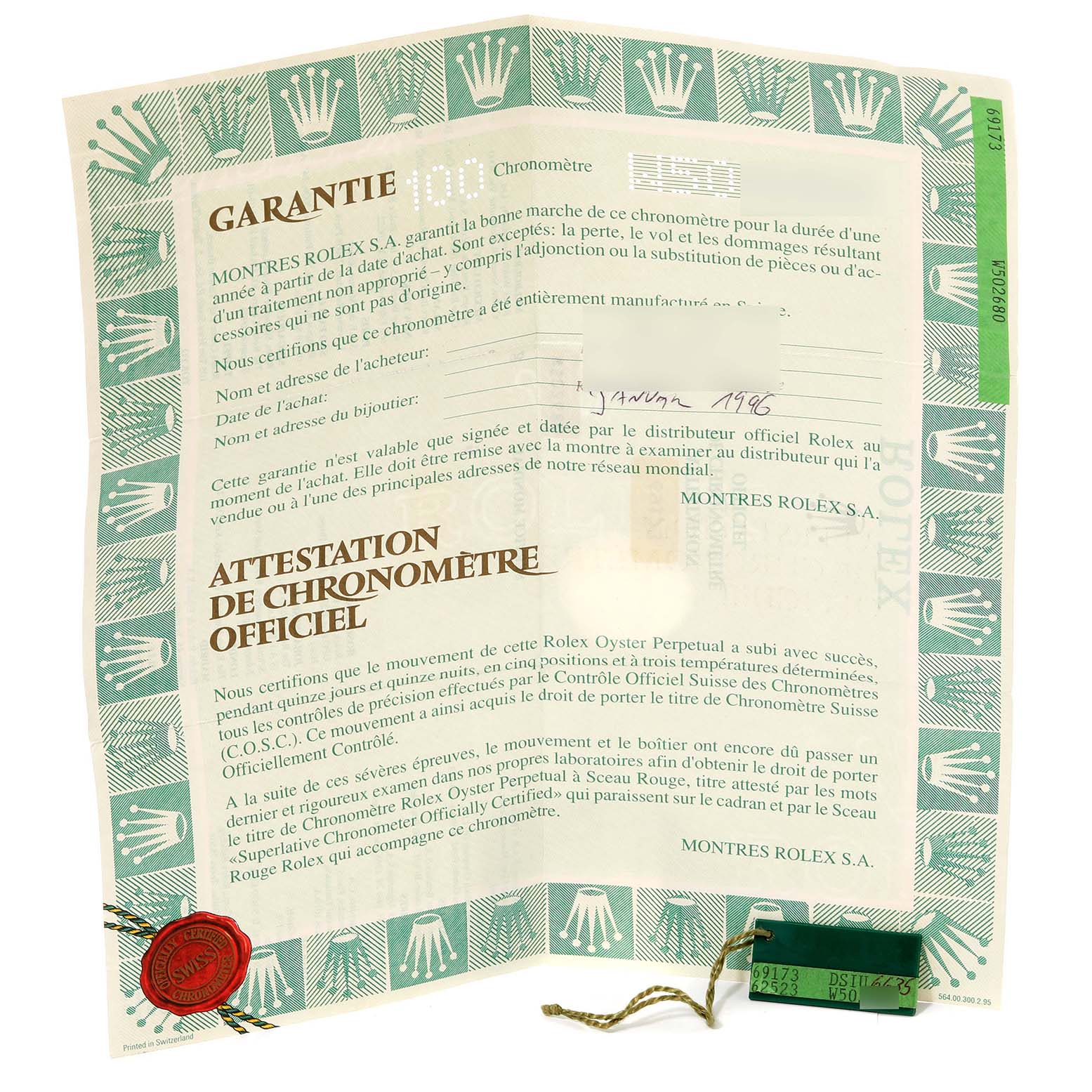 The image shows the official chronometer certificate and warranty document for a Rolex Datejust 69173 Women's Steel and Gold (two tone) Blue Dial 69173 Women's Steel and Gold (two tone) Blue Dial watch.