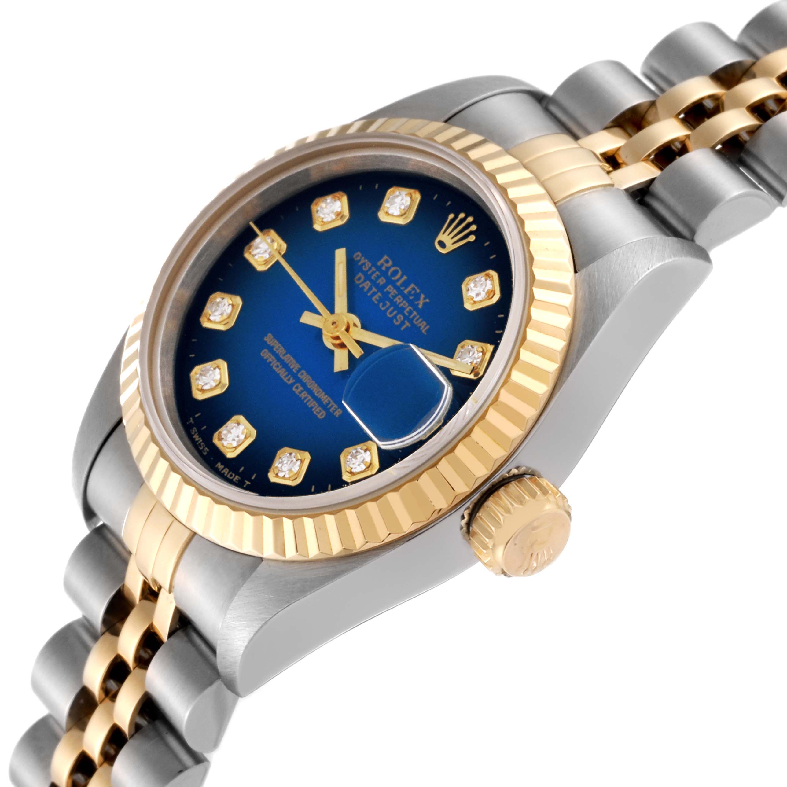 The Rolex Datejust 69173 Women's Steel and Gold (two tone) Blue Dial 69173 Women's Steel and Gold (two tone) Blue Dial watch is shown at a slight side angle, displaying the crown, bezel, dial, and part of the bracelet.