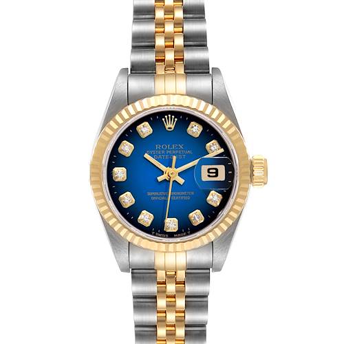 The image shows a front view of a Rolex Datejust watch, highlighting its dial, bezel, and bracelet.