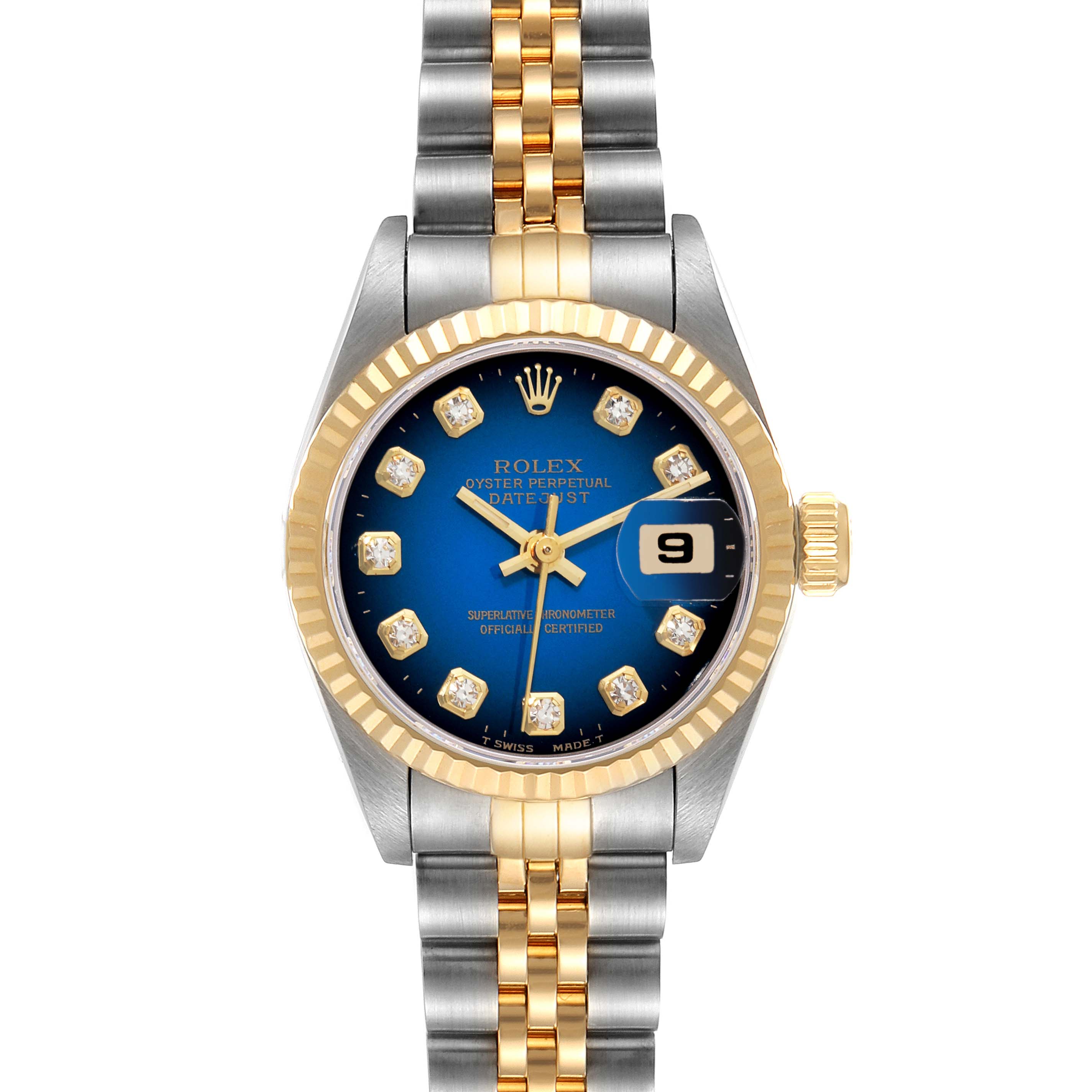 The Rolex Datejust 69173 Women's Steel and Gold (two tone) Blue Dial 69173 Women's Steel and Gold (two tone) Blue Dial watch is shown in a front view, highlighting its blue dial, gold fluted bezel, and two-tone bracelet.