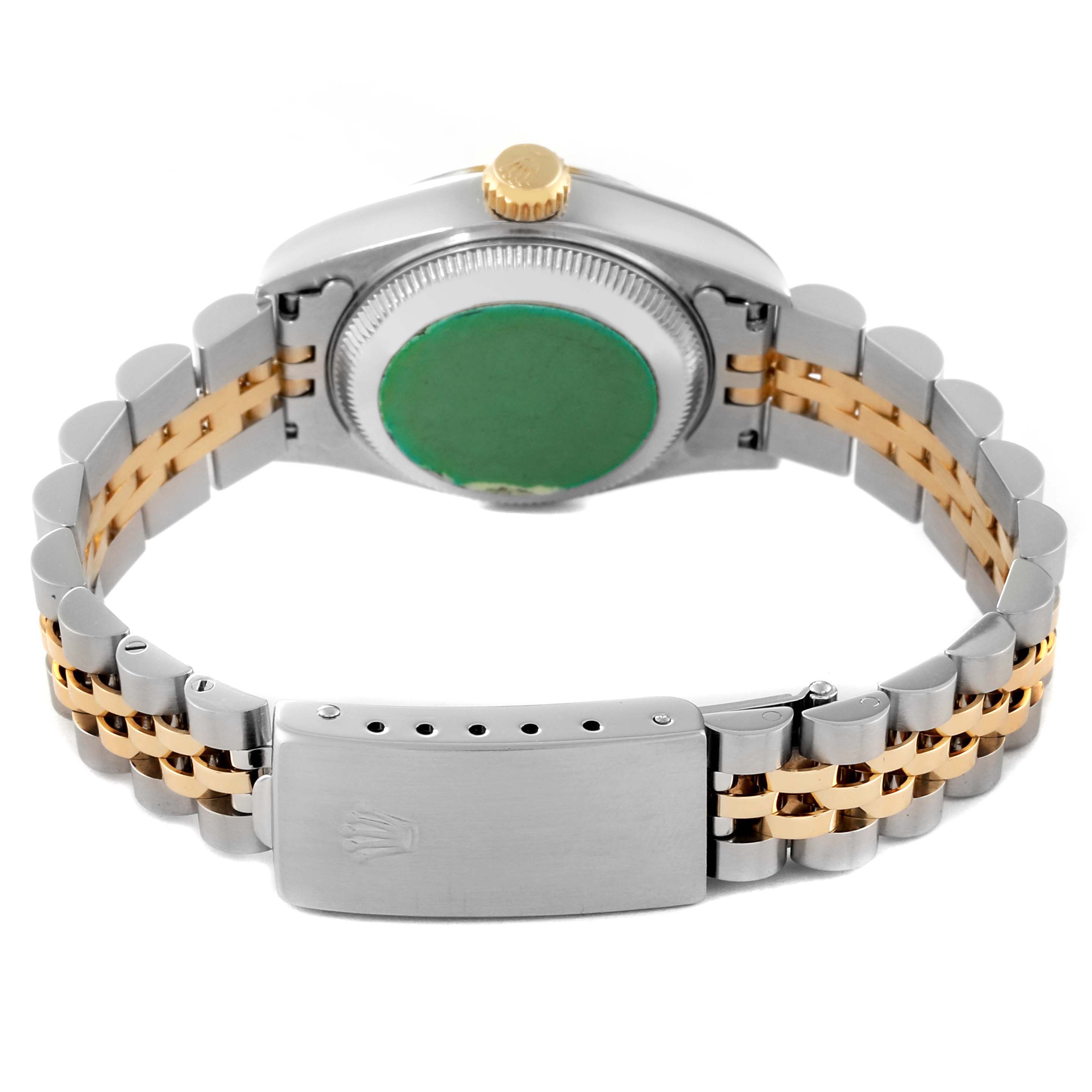 This image shows the back view of a Rolex Datejust 69173 Women's Steel and Gold (two tone) Blue Dial 69173 Women's Steel and Gold (two tone) Blue Dial watch, highlighting the bracelet, clasp, and case back.