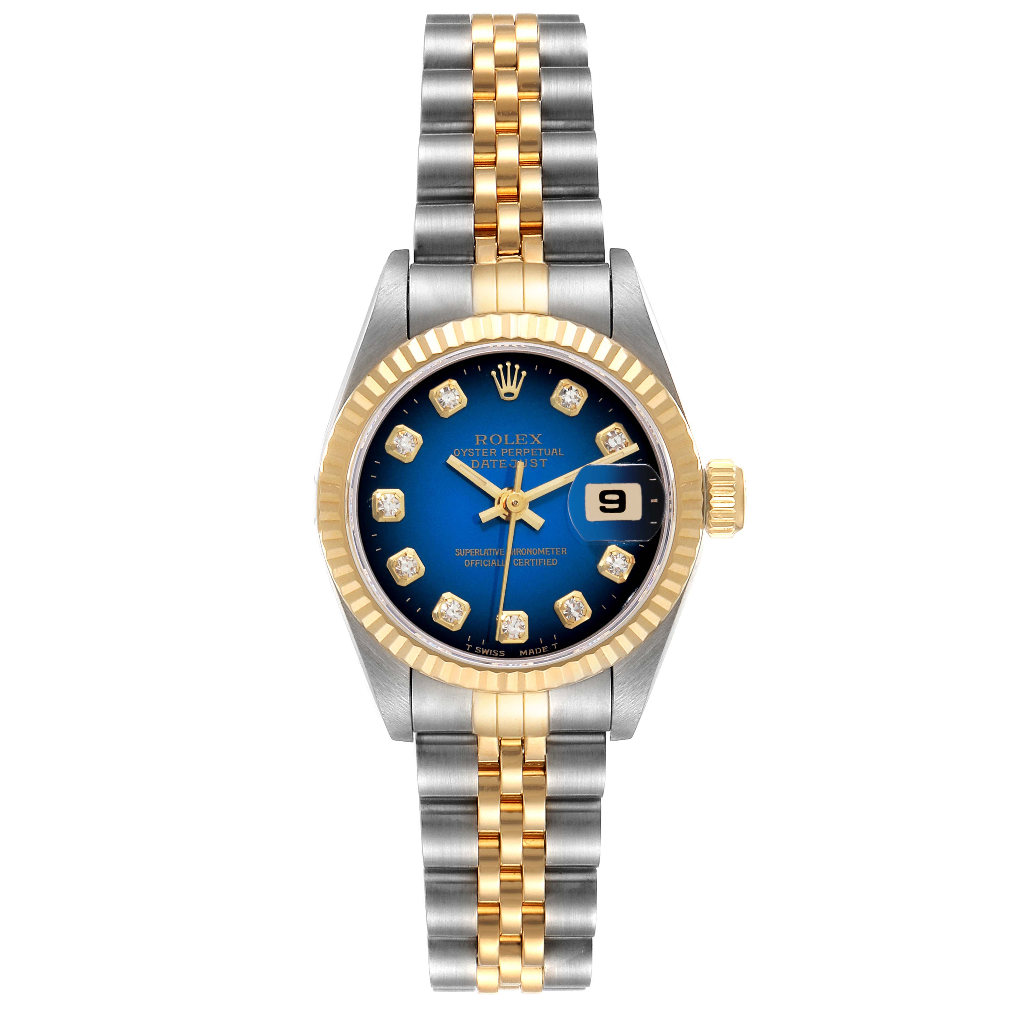 This Rolex Datejust 69173 Women's Steel and Gold (two tone) Blue Dial 69173 Women's Steel and Gold (two tone) Blue Dial watch is shown from the front, displaying its face, bezel, crown, and bracelet.