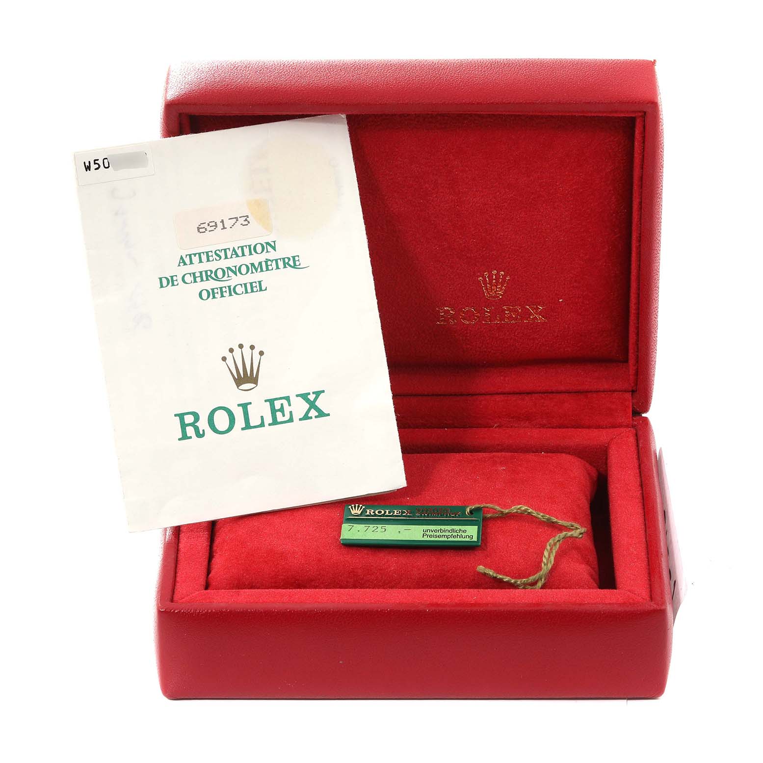 The image shows a red Rolex box for the Datejust model, along with paperwork and a green tag inside.