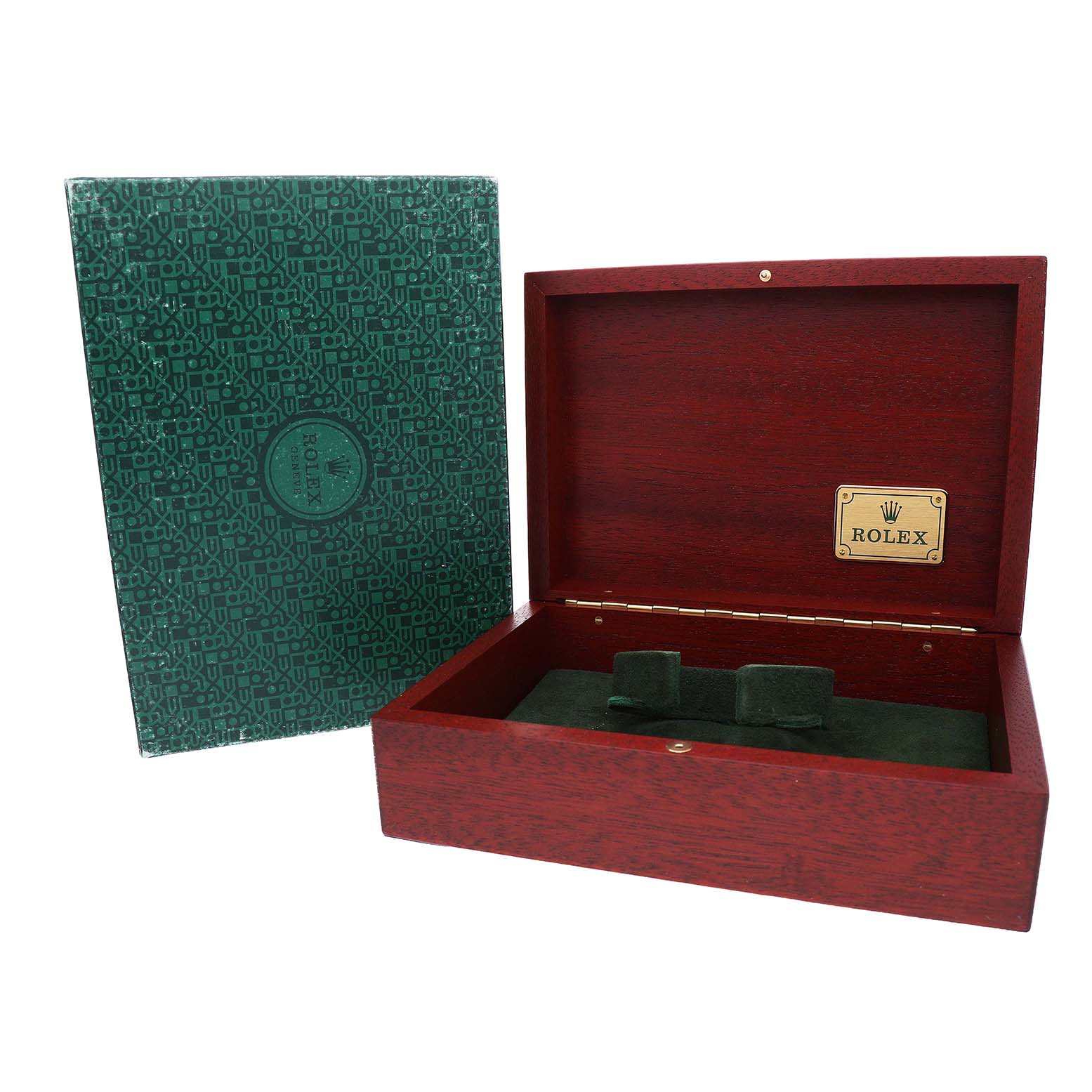 The image shows an open Rolex Daytona 116523 Men's Steel and Gold (two tone) Blue Dial watch box with a green protective sleeve.