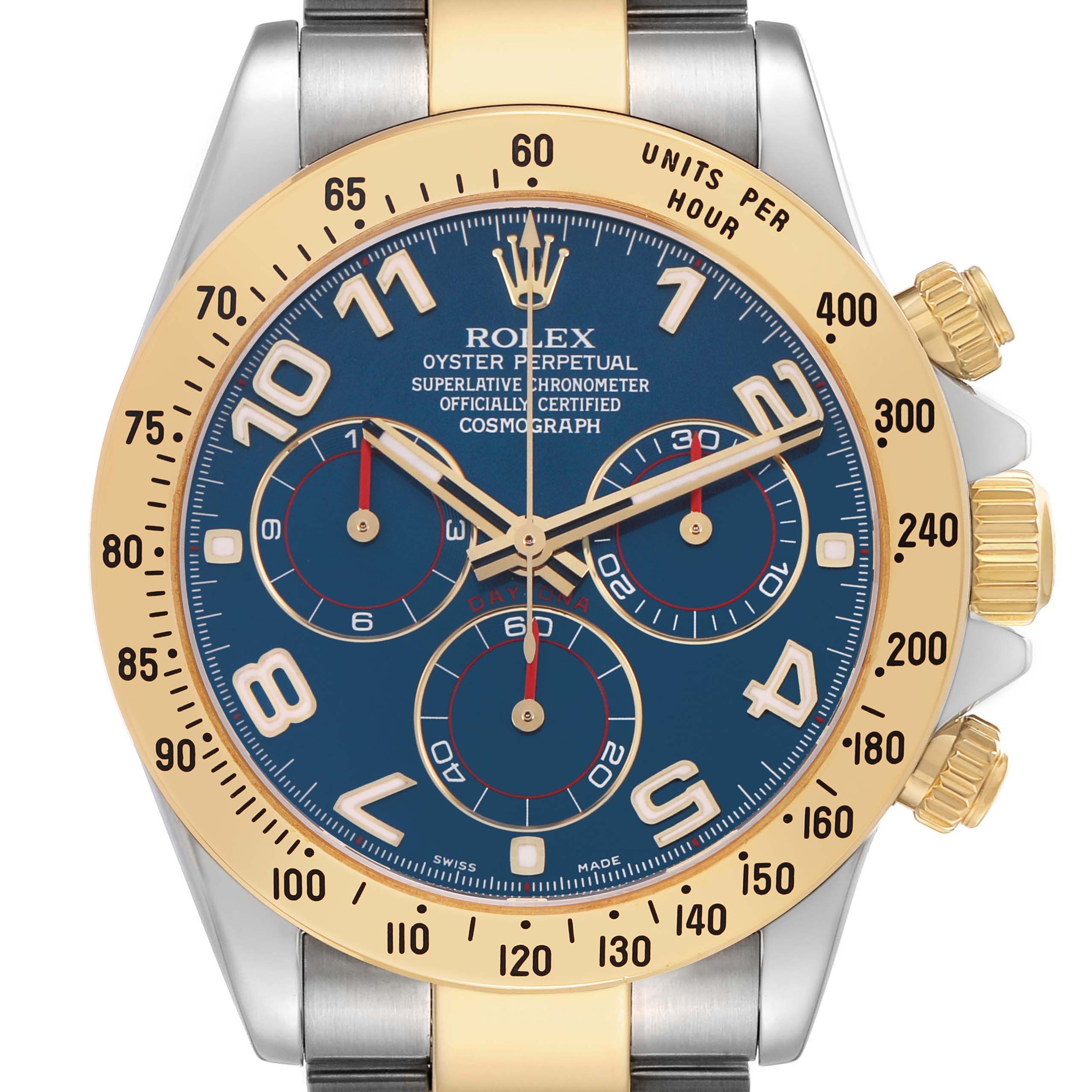 The Rolex Daytona 116523 Men's Steel and Gold (two tone) Blue Dial watch is shown from the front, highlighting the dial, chronograph subdials, and the gold bezel with tachymetric scale.