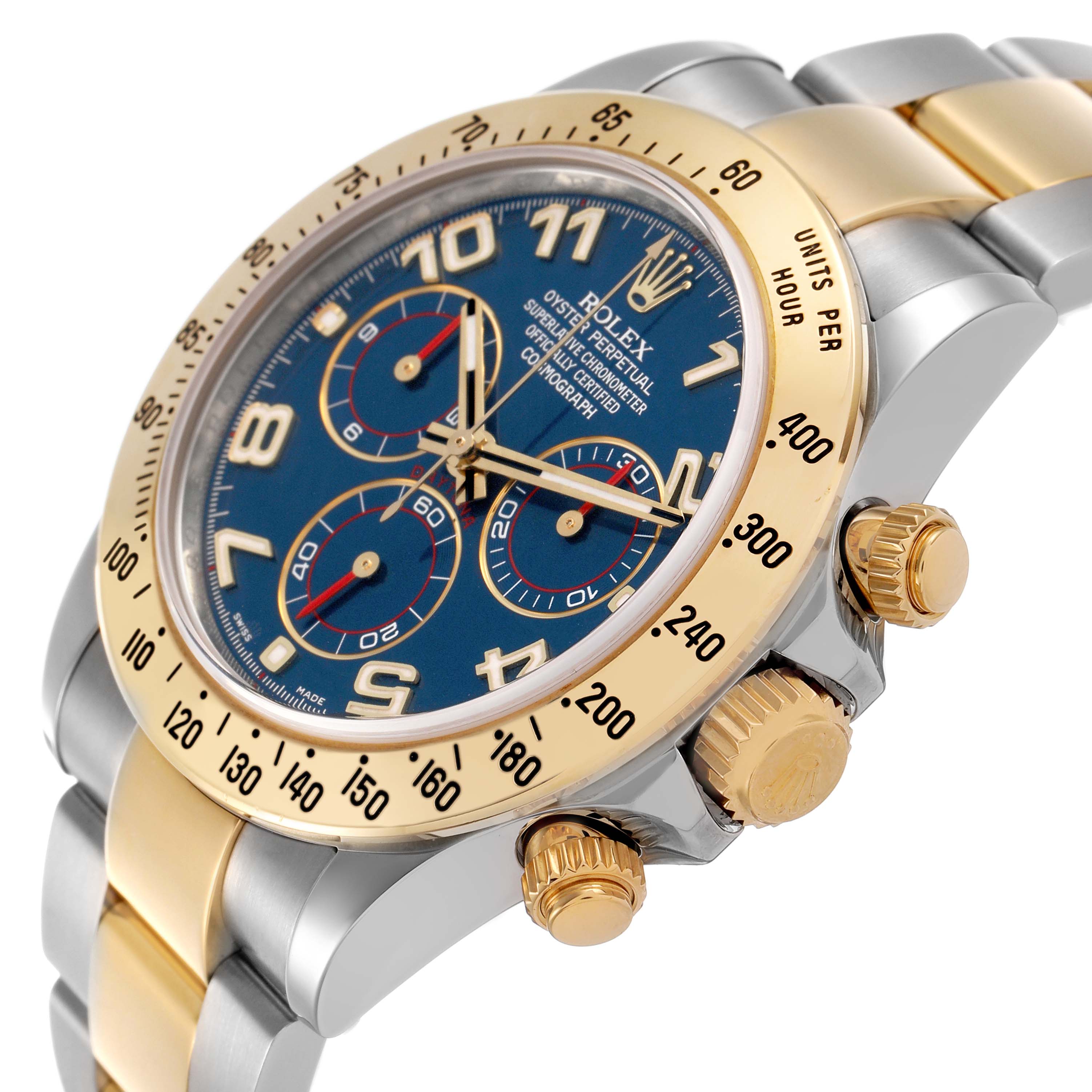 The Rolex Daytona 116523 Men's Steel and Gold (two tone) Blue Dial watch is shown at an angled side view featuring the dial, bezel, pushers, and part of the bracelet.
