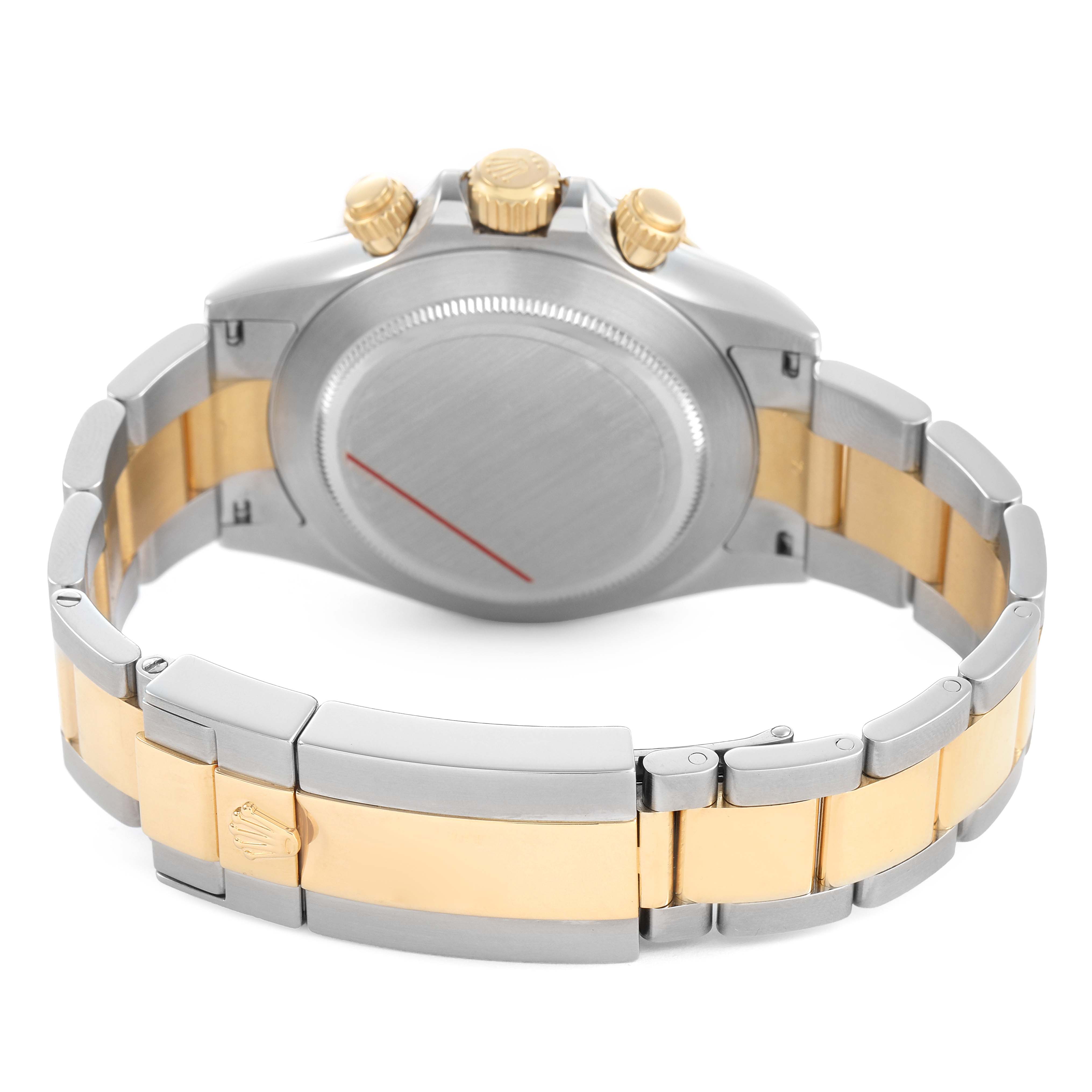 The Rolex Daytona 116523 Men's Steel and Gold (two tone) Blue Dial watch is shown from the back, highlighting the case back, crown, pushers, and two-tone bracelet.