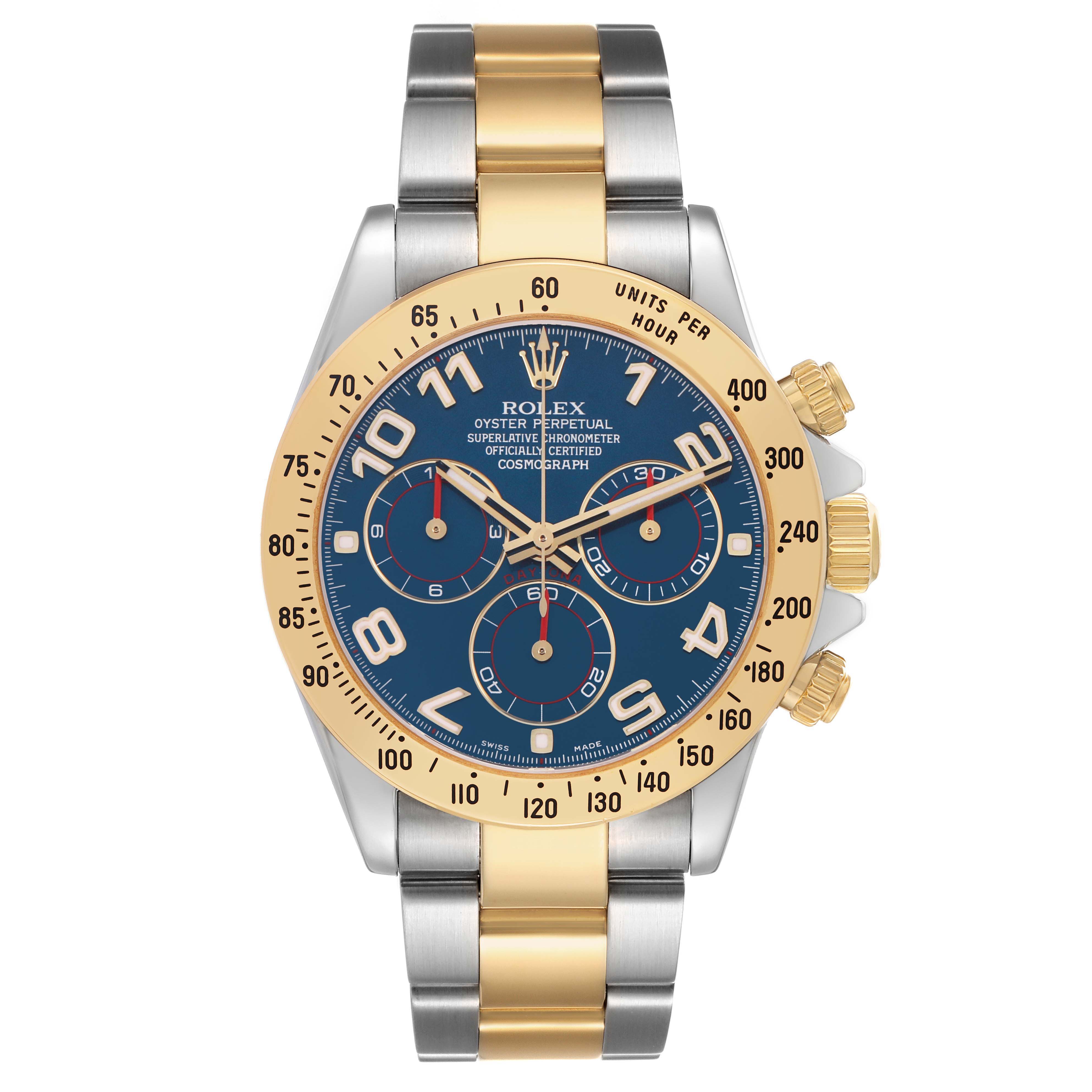The Rolex Daytona 116523 Men's Steel and Gold (two tone) Blue Dial watch is shown from a front angle, displaying the face, bezel, pushers, and part of the two-tone bracelet.
